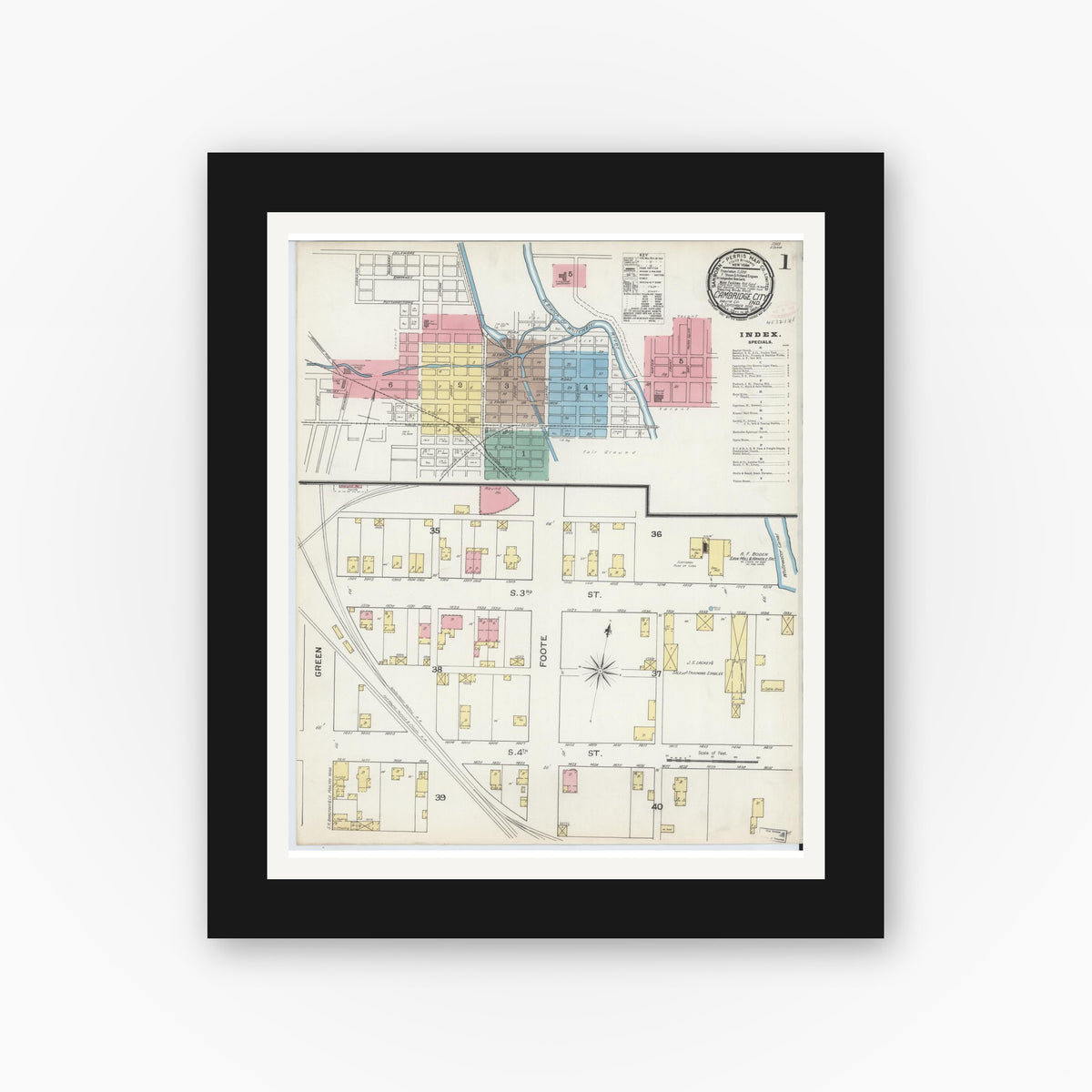 Old map wall art mockup — black gallery frame with white mat — Sanborn Fire Insurance Map from Cambridge City, Wayne County, Indiana (1892), Sheet #0001