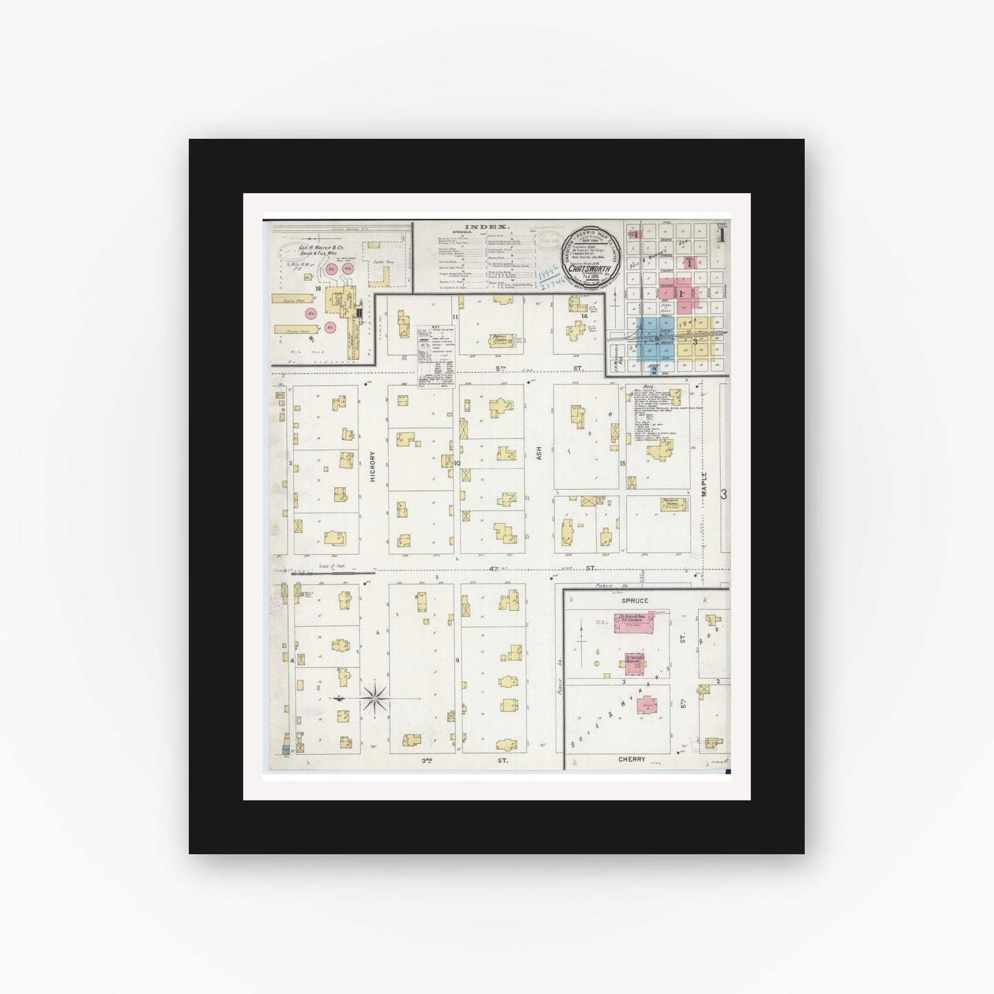 Old map wall art mockup — black gallery frame with white mat — Sanborn Fire Insurance Map from Chatsworth, Livingston County, Illinois (1899), Sheet #0001