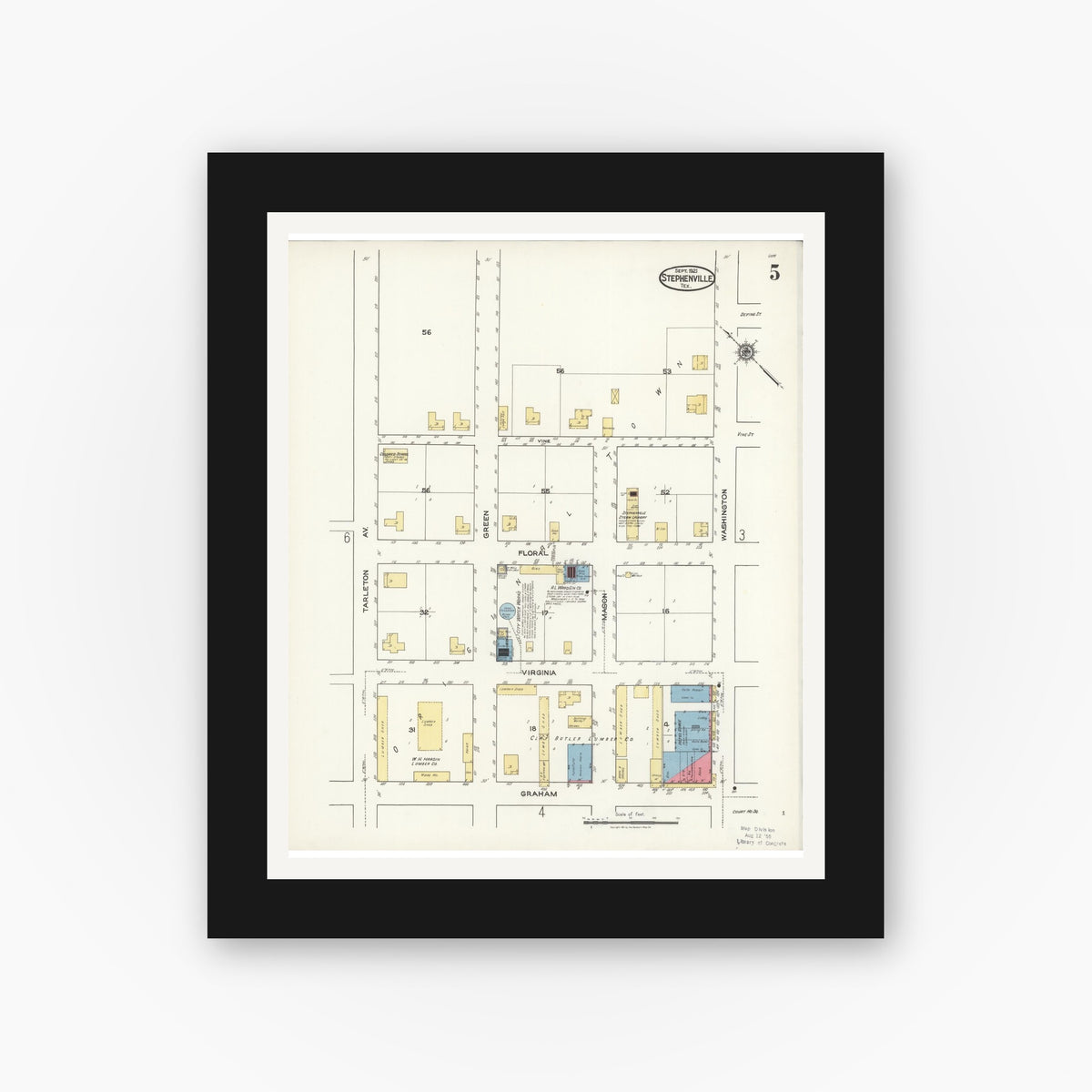Old map wall art mockup — black gallery frame with white mat — Sanborn Fire Insurance Map from Stephenville, Erath County, Texas (1921), Sheet #0005