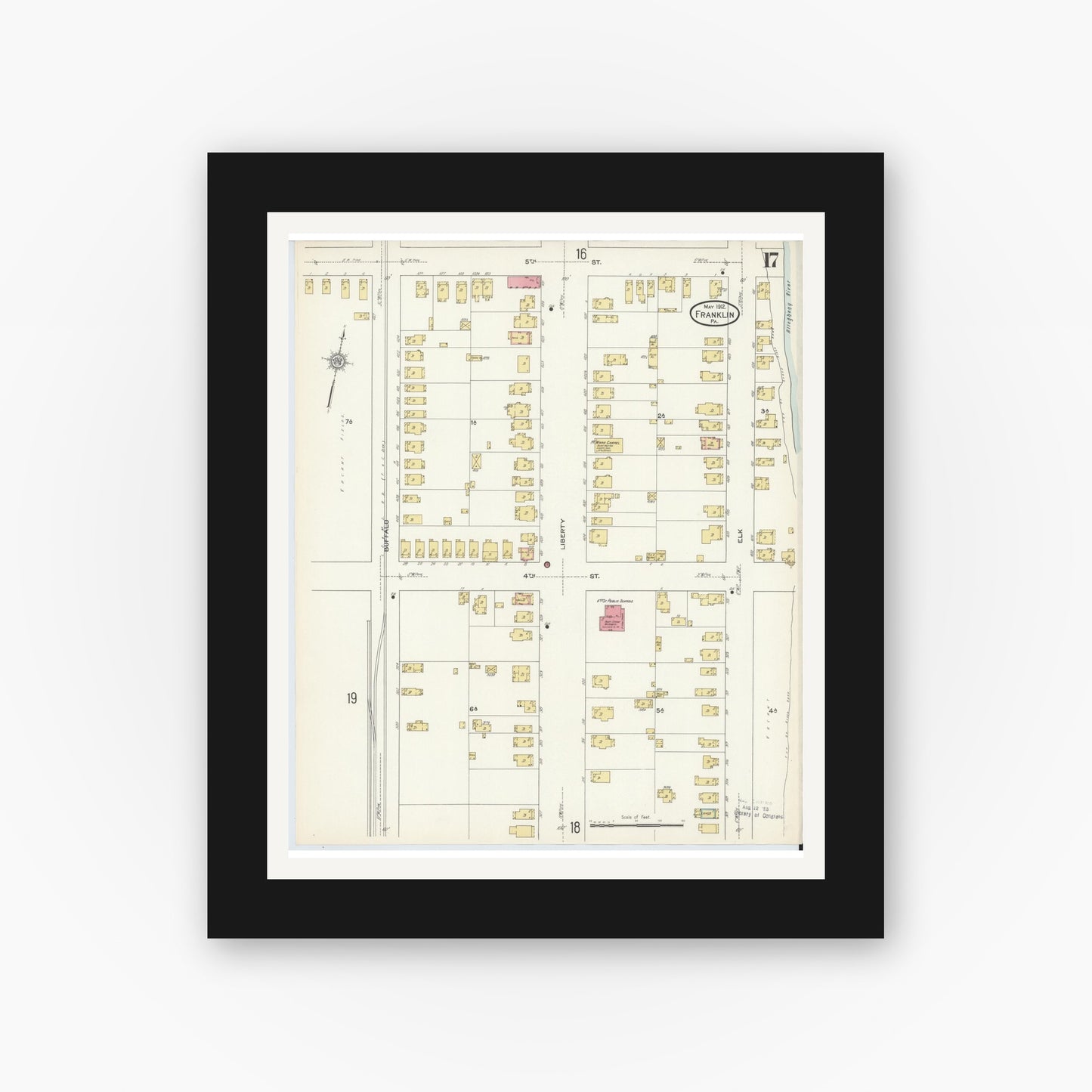 Old map wall art mockup — black gallery frame with white mat — Sanborn Fire Insurance Map from Franklin, Venango County, Pennsylvania (1912), Sheet #0017