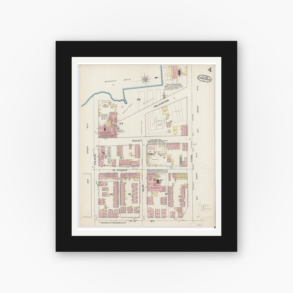 Old map wall art mockup — black gallery frame with white mat — Sanborn Fire Insurance Map from Camden, Camden County, New Jersey (1885), Sheet #0004