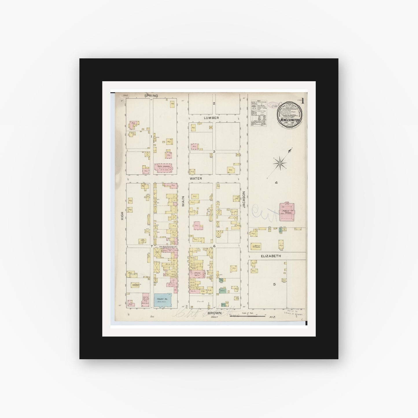 Old map wall art mockup — black gallery frame with white mat — Sanborn Fire Insurance Map from New Lexington, Perry County, Ohio (1887), Sheet #0001