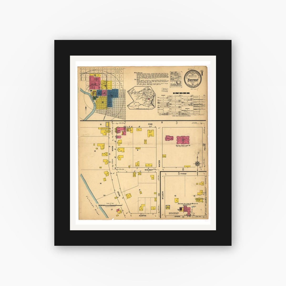 Old map wall art mockup — black gallery frame with white mat — Sanborn Fire Insurance Map from Bastrop, Bastrop County, Texas (1921), Sheet #0001