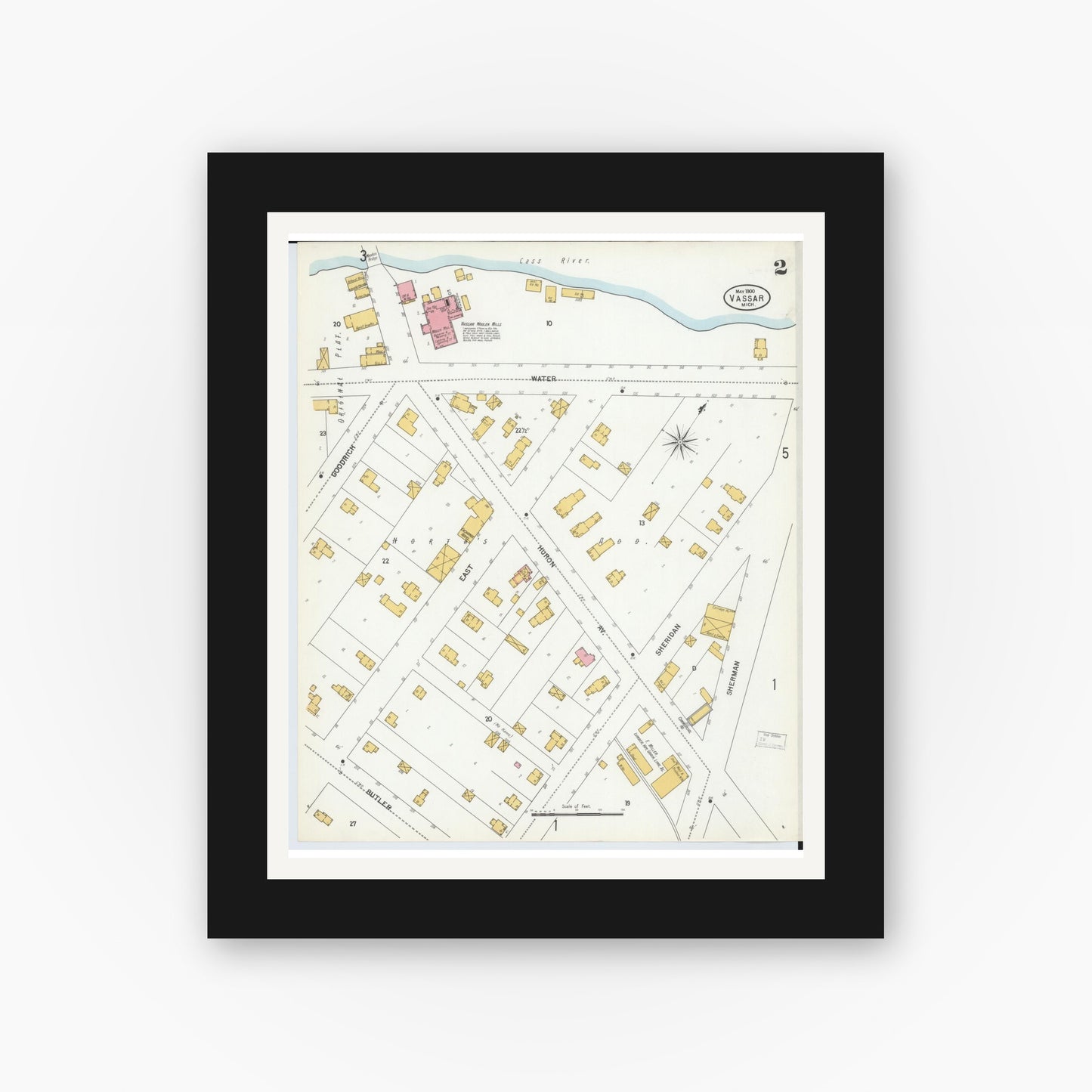 Old map wall art mockup — black gallery frame with white mat — Sanborn Fire Insurance Map from Vassar, Tuscola County, Michigan (1900), Sheet #0002
