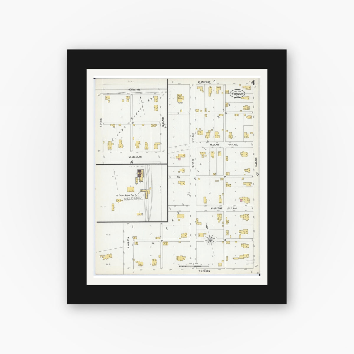 Old map wall art mockup — black gallery frame with white mat — Sanborn Fire Insurance Map from Virden, Macoupin County, Illinois (1900), Sheet #0004