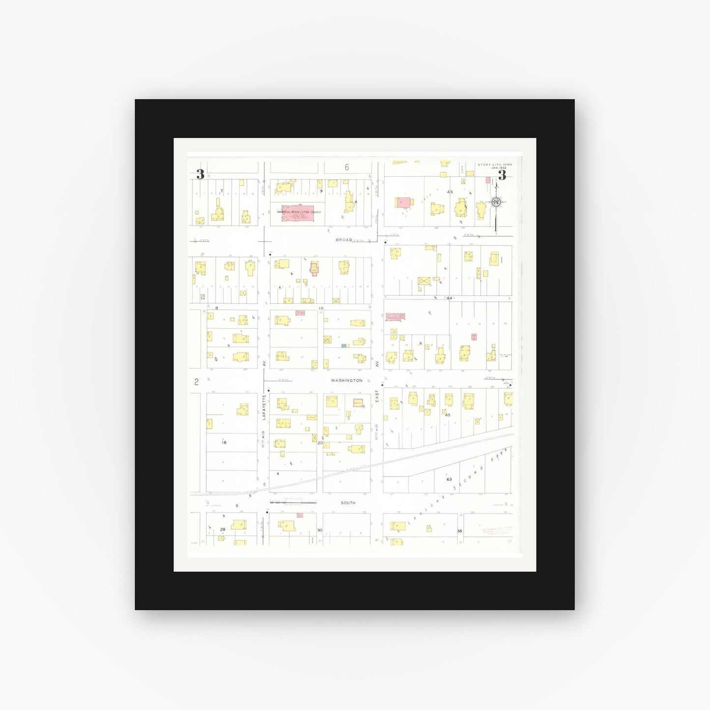 Old map wall art mockup β black gallery frame with white mat β Sanborn Fire Insurance Map from Story City, Story County, Iowa (1932), Sheet #0003
