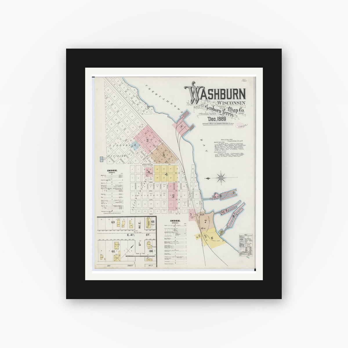 Old map wall art mockup — black gallery frame with white mat — Sanborn Fire Insurance Map from Washburn, Bayfield County, Wisconsin (1889), Sheet #0001