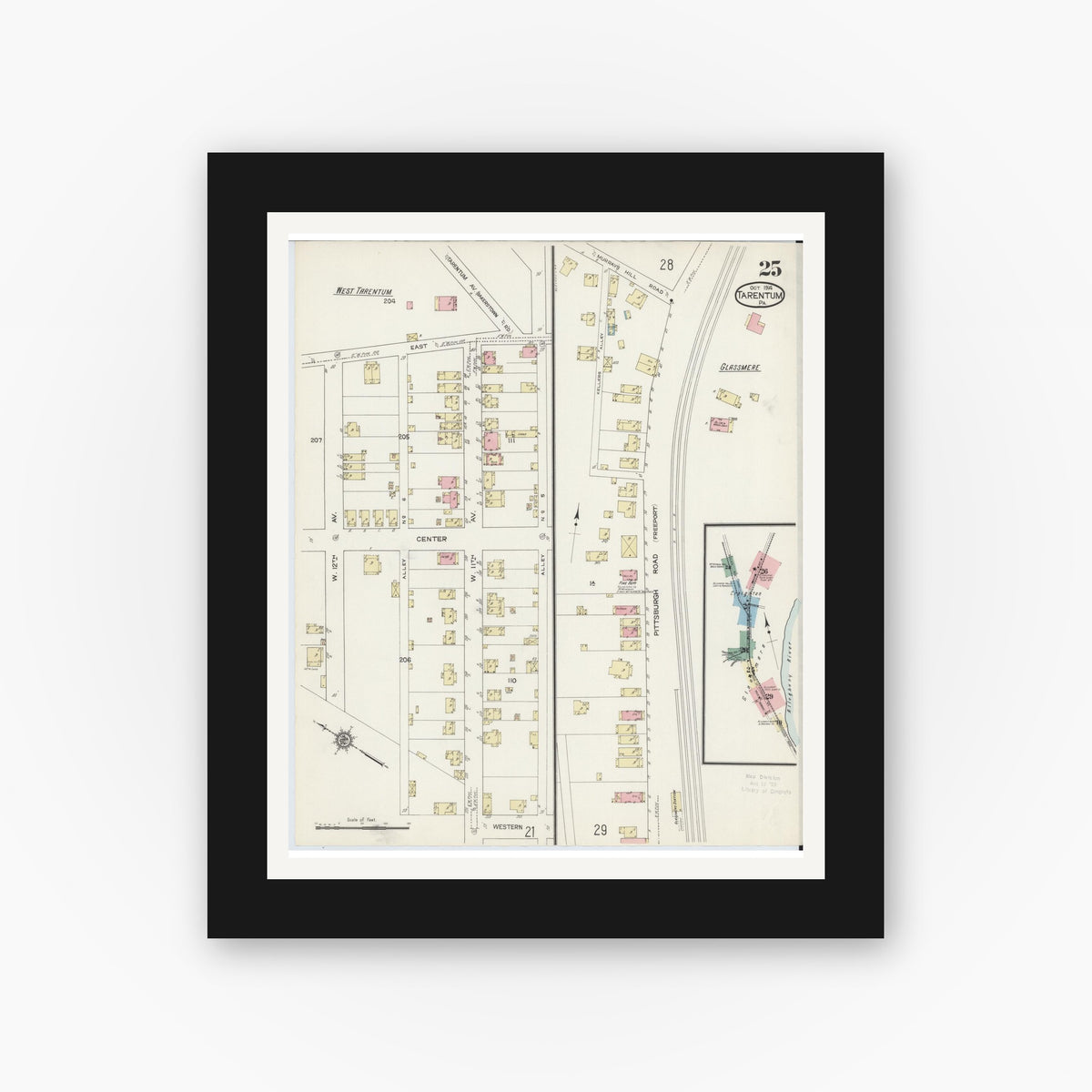 Old map wall art mockup — black gallery frame with white mat — Sanborn Fire Insurance Map from Tarentum, Allegheny County, Pennsylvania (1914), Sheet #0025