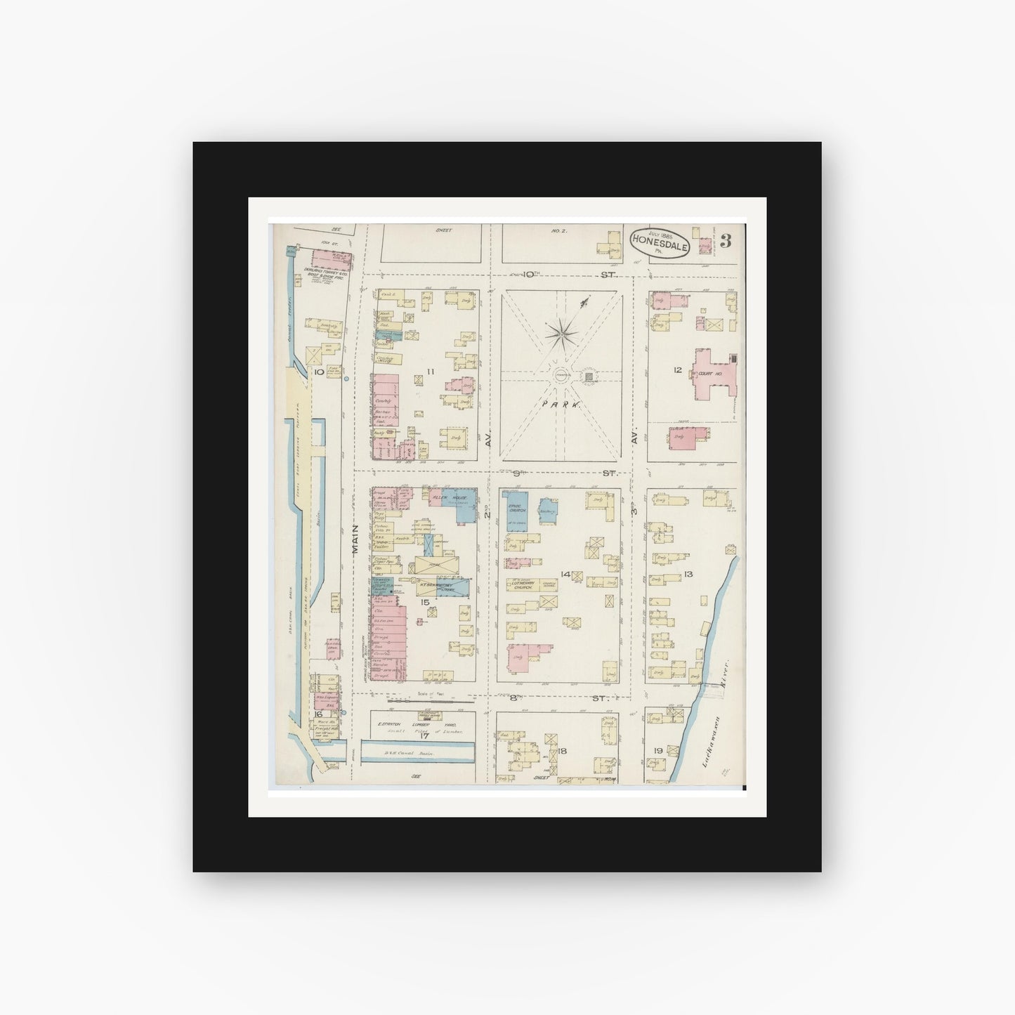 Old map wall art mockup — black gallery frame with white mat — Sanborn Fire Insurance Map from Honesdale, Wayne County, Pennsylvania (1885), Sheet #0003