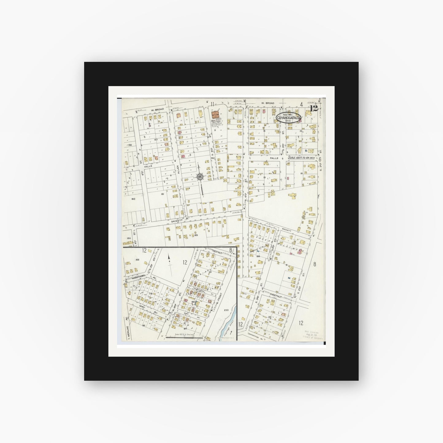 Old map wall art mockup — black gallery frame with white mat — Sanborn Fire Insurance Map from Cuyahoga Falls, Summit County, Ohio (1916), Sheet #0012