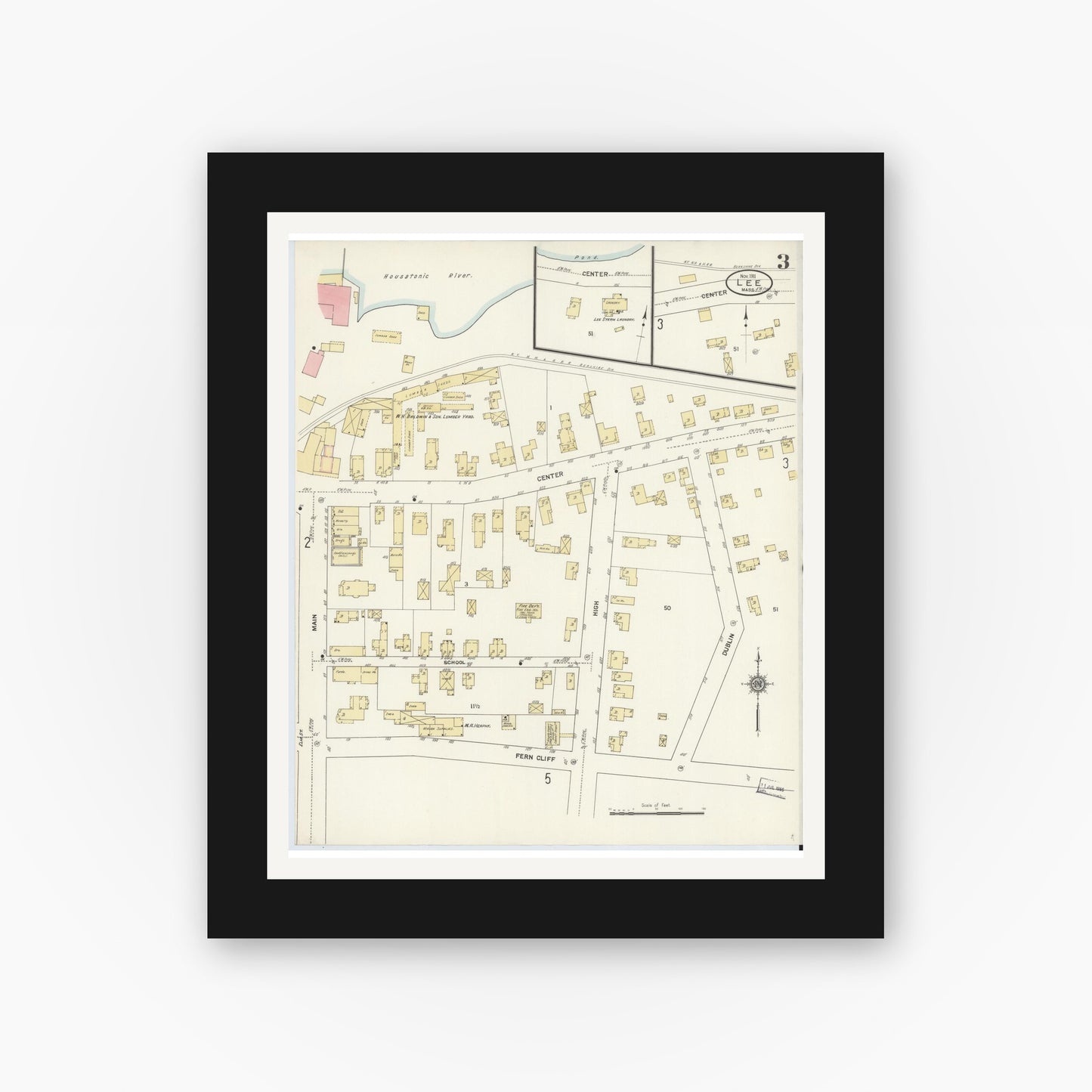 Old map wall art mockup — black gallery frame with white mat — Sanborn Fire Insurance Map from Lee, Berkshire County, Massachusetts (1911), Sheet #0003