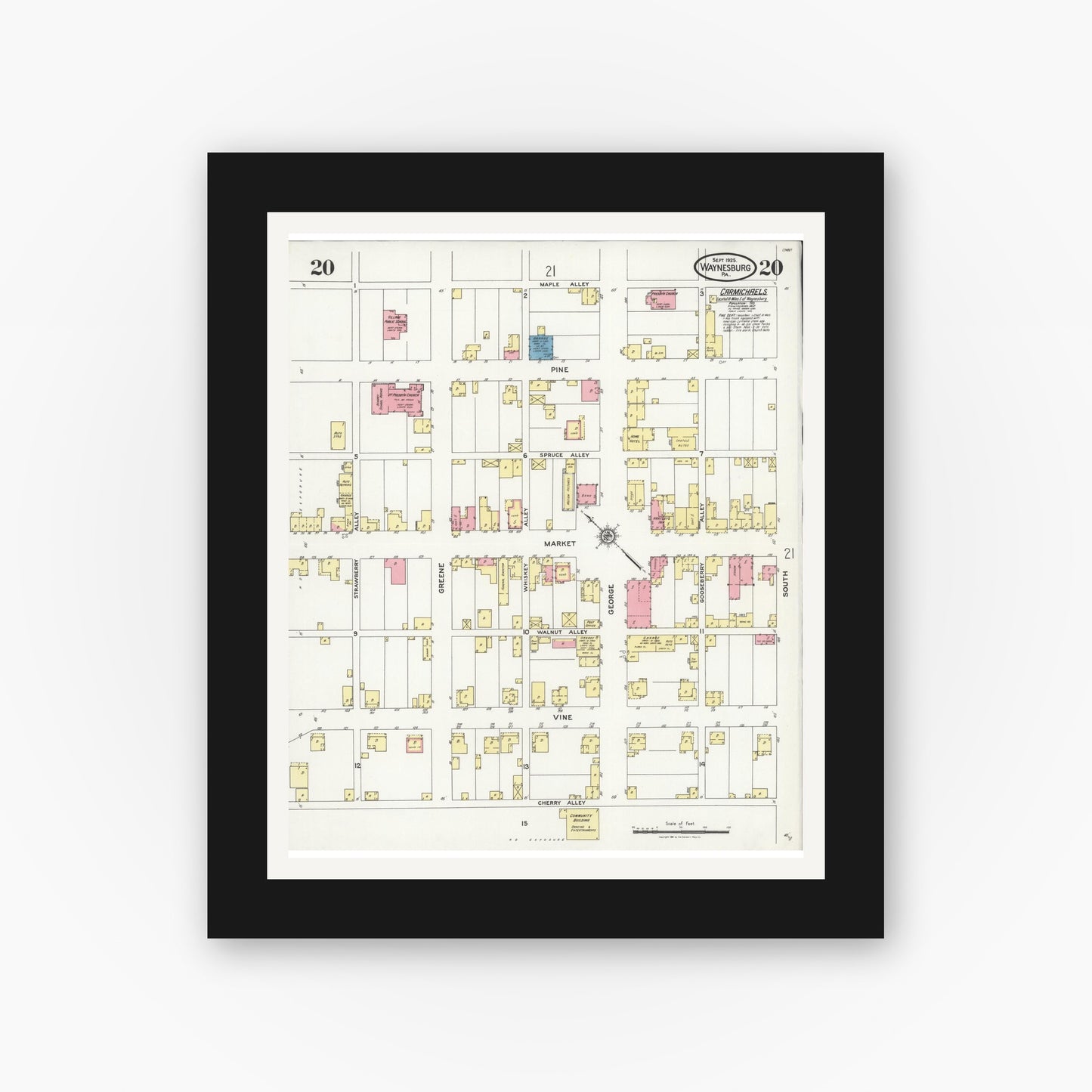 Old map wall art mockup — black gallery frame with white mat — Sanborn Fire Insurance Map from Waynesburg, Greene County, Pennsylvania (1925), Sheet #0020