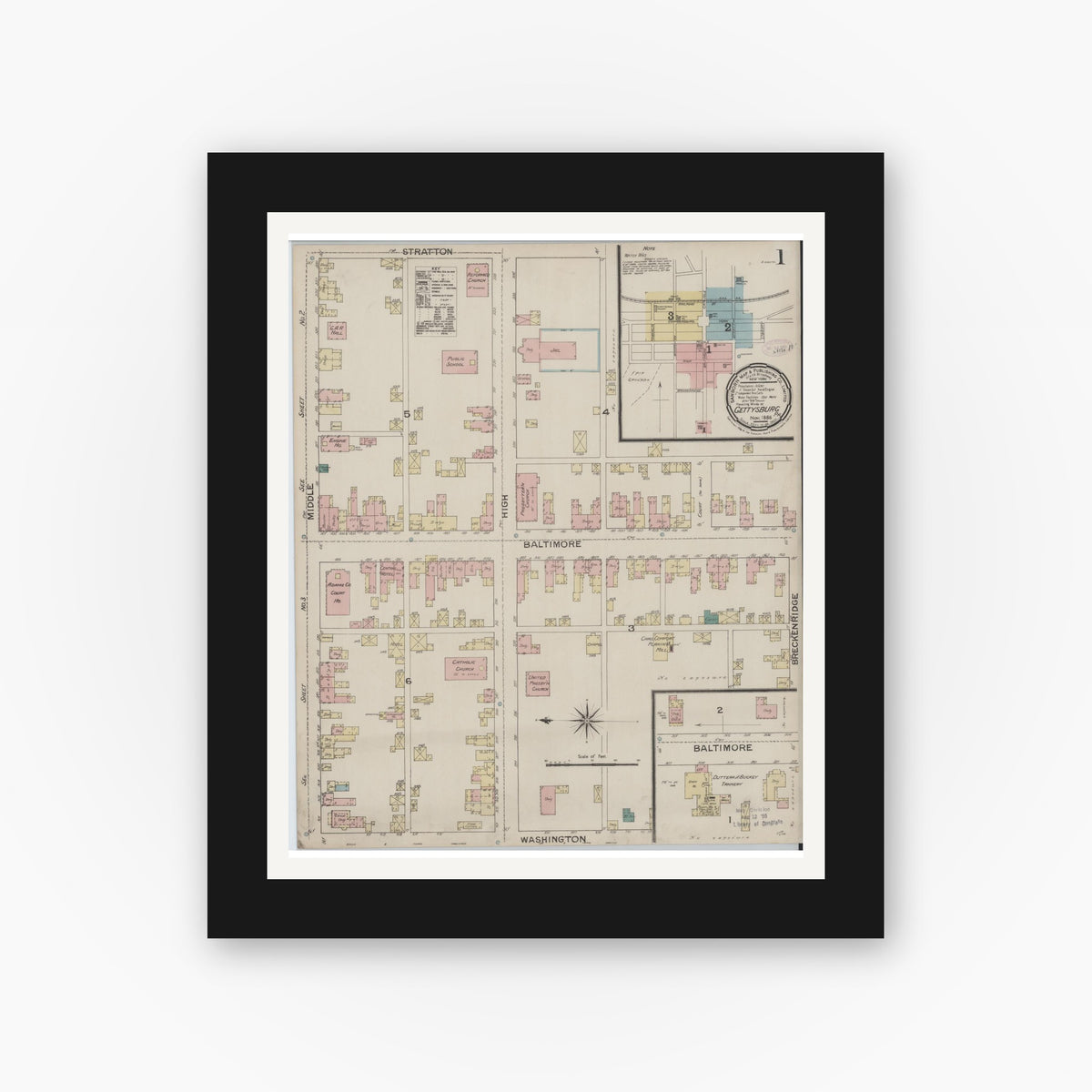 Old map wall art mockup — black gallery frame with white mat — Sanborn Fire Insurance Map from Gettysburg, Adams County, Pennsylvania (1886), Sheet #0001