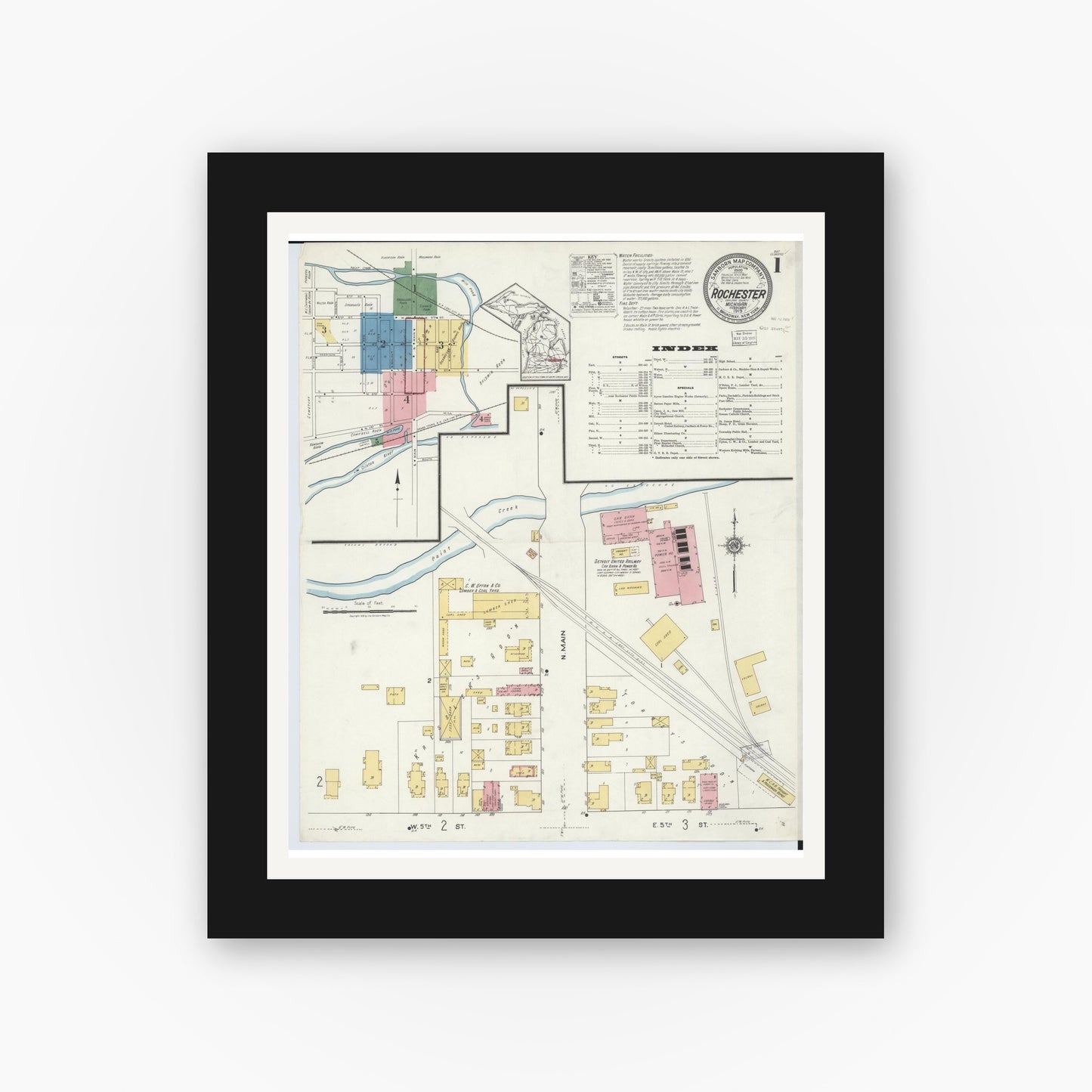 Old map wall art mockup — black gallery frame with white mat — Sanborn Fire Insurance Map from Rochester, Oakland County, Michigan (1919) - Complete Map Set