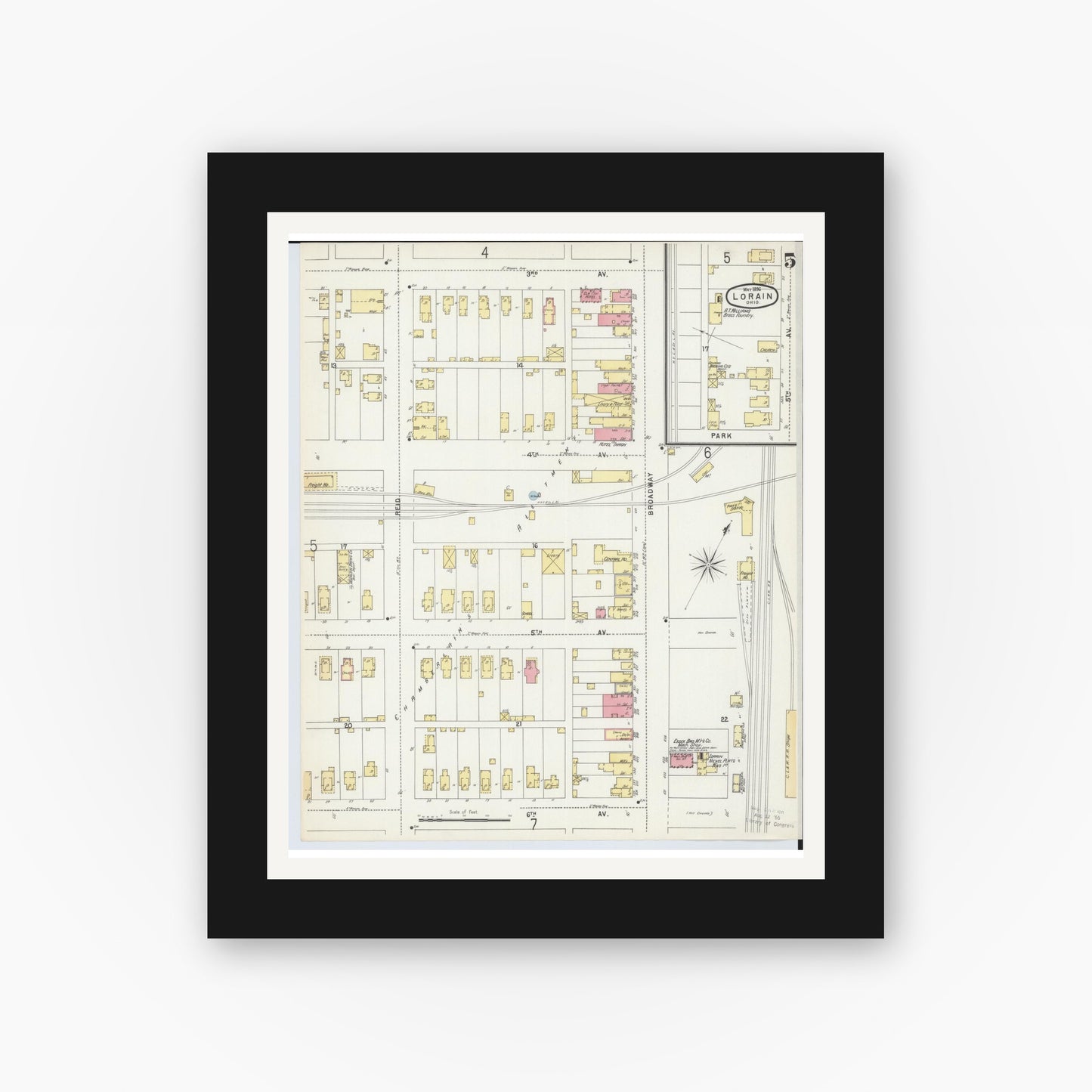 Old map wall art mockup — black gallery frame with white mat — Sanborn Fire Insurance Map from Lorain, Lorain County, Ohio (1896), Sheet #0005