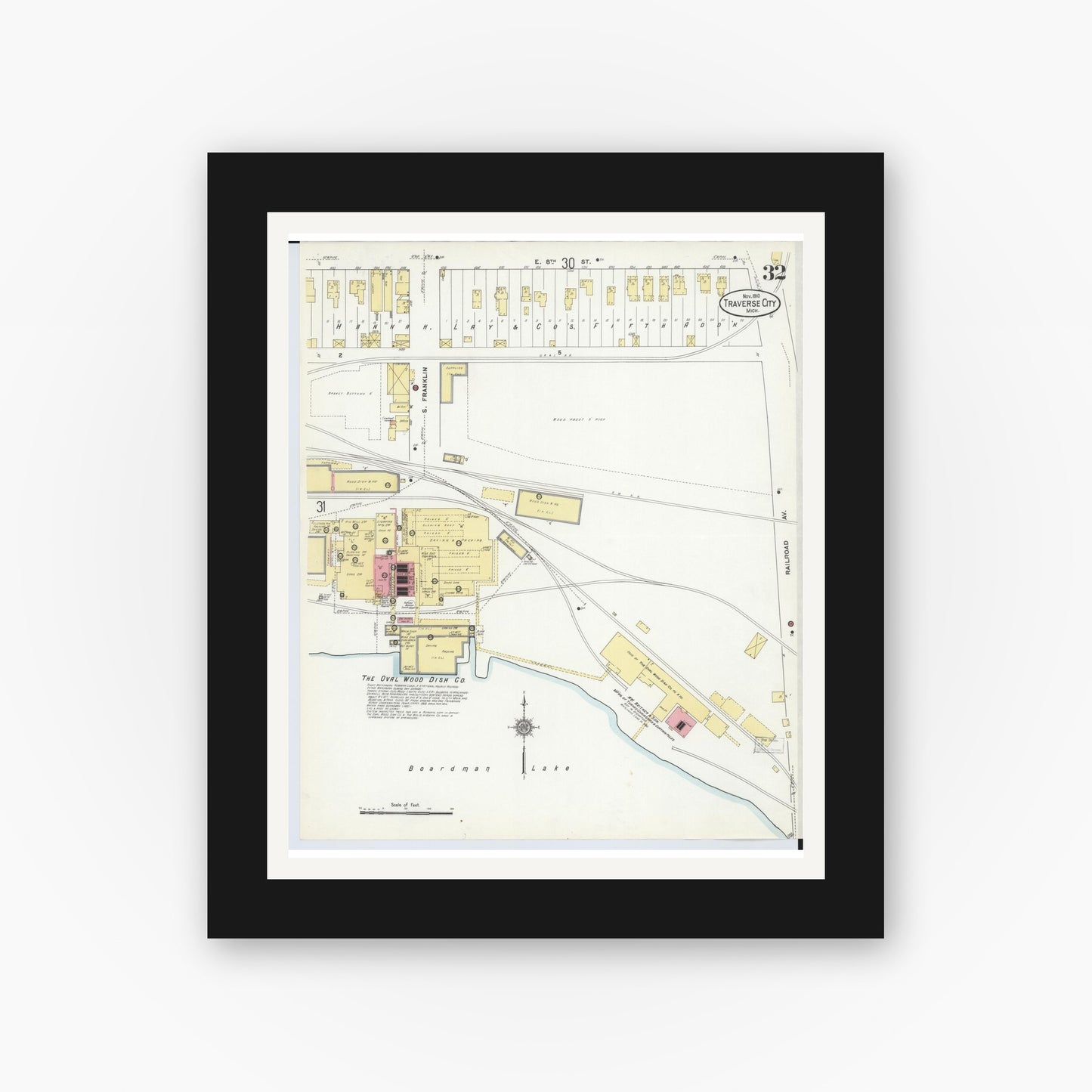 Old map wall art mockup — black gallery frame with white mat — Sanborn Fire Insurance Map from Traverse City, Grand Traverse County, Michigan (1910), Sheet #0032