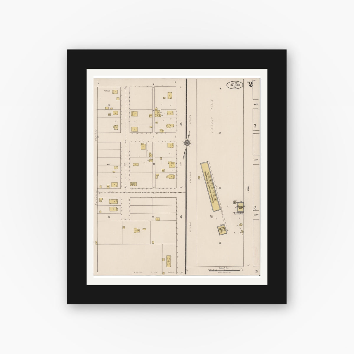 Old map wall art mockup — black gallery frame with white mat — Sanborn Fire Insurance Map from Live Oak, Sutter County, California (1921), Sheet #0002