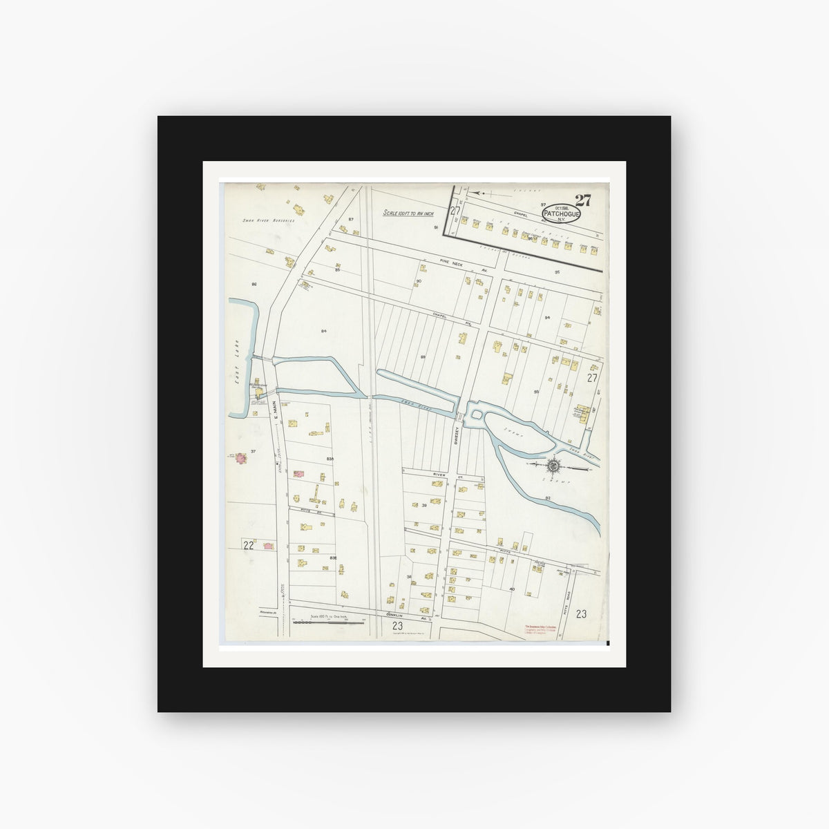 Old map wall art mockup — black gallery frame with white mat — Sanborn Fire Insurance Map from Patchogue, Suffolk County, New York (1916), Sheet #0027