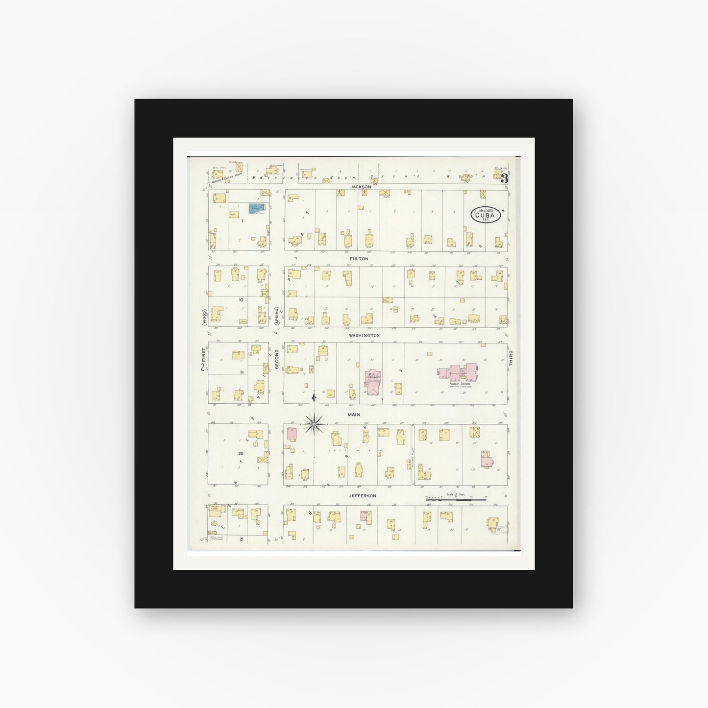 Old map wall art mockup — black gallery frame with white mat — Sanborn Fire Insurance Map from Cuba, Fulton County, Illinois (1909), Sheet #0003