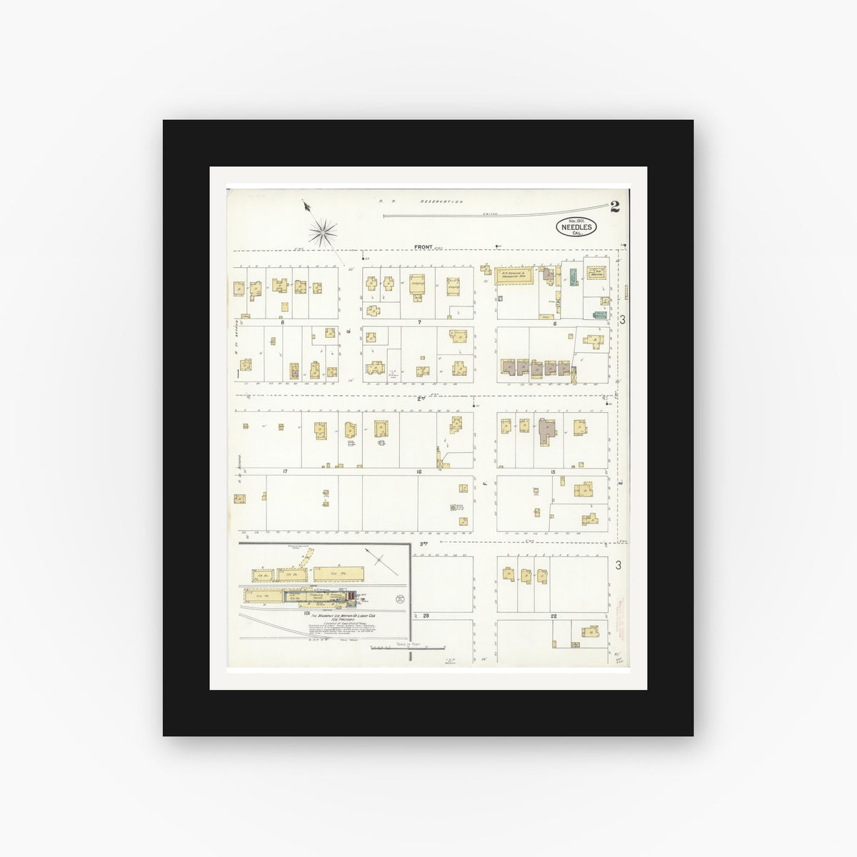 Old map wall art mockup — black gallery frame with white mat — Sanborn Fire Insurance Map from Needles, San Bernardino County, California (1901), Sheet #0002