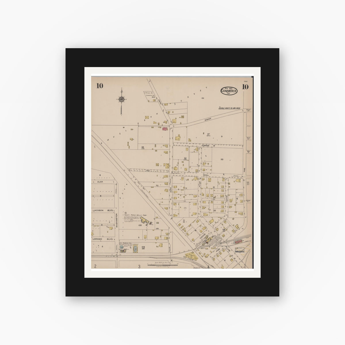 Old map wall art mockup — black gallery frame with white mat — Sanborn Fire Insurance Map from Commerce, Hunt County, Texas (1922), Sheet #0010