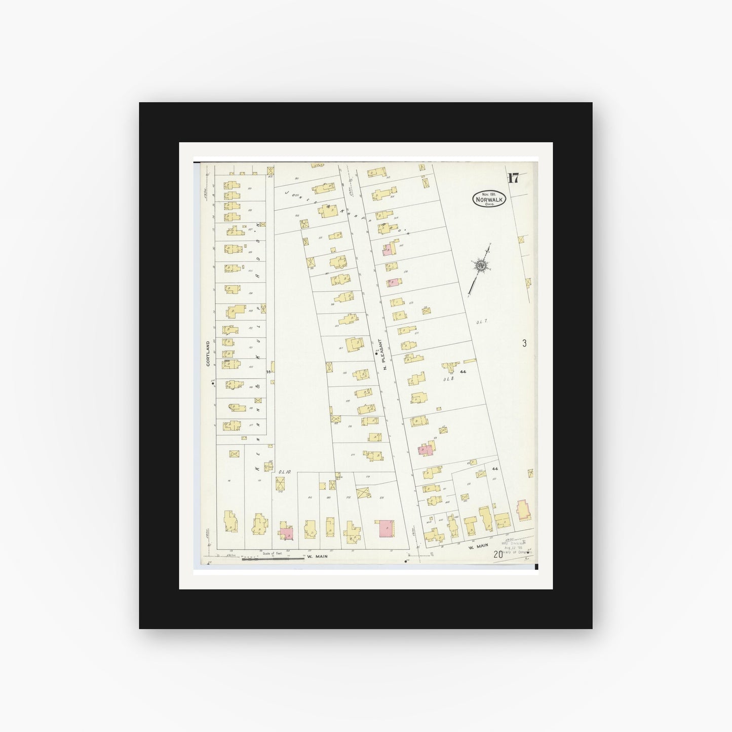 Old map wall art mockup — black gallery frame with white mat — Sanborn Fire Insurance Map from Norwalk, Huron County, Ohio (1911), Sheet #0017