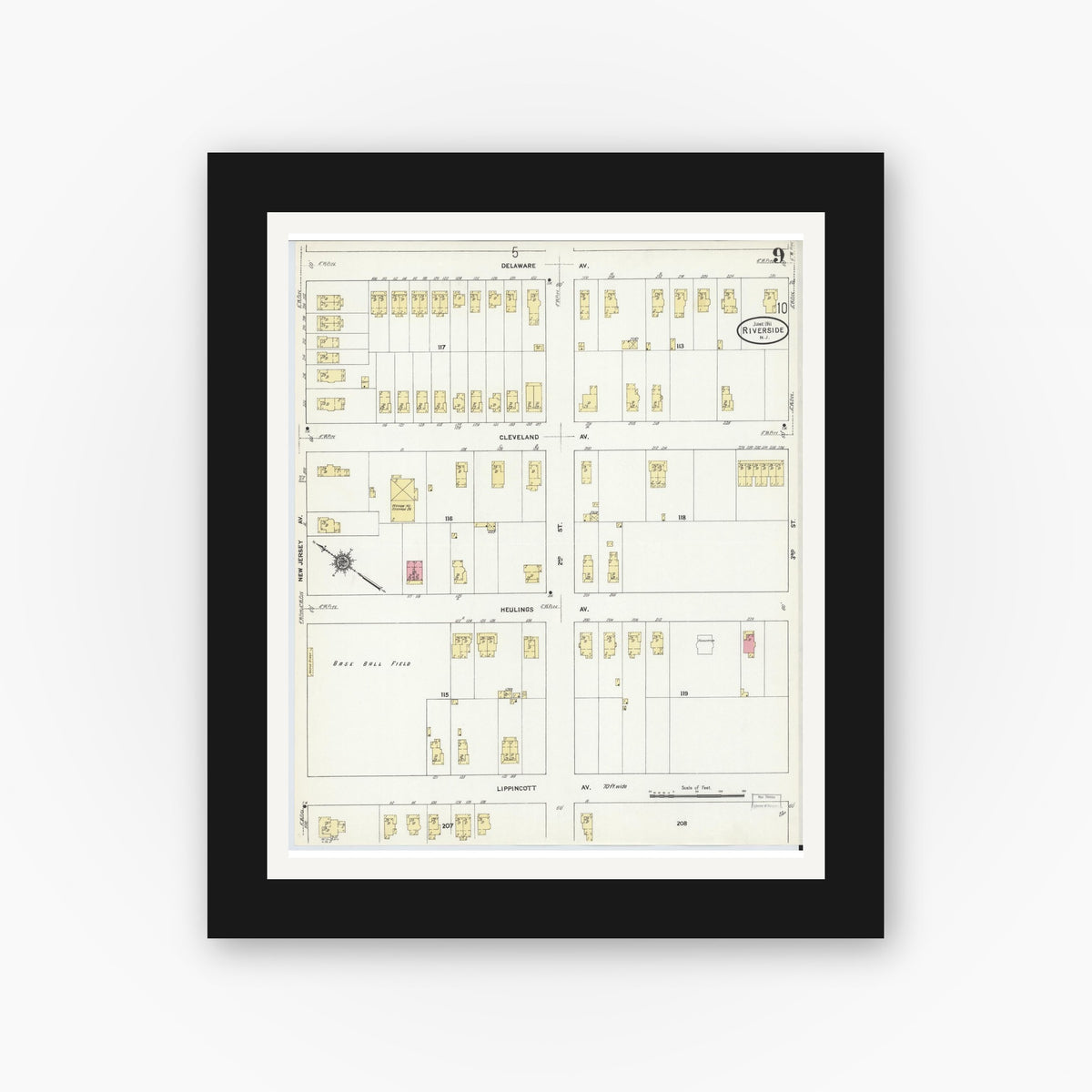 Old map wall art mockup — black gallery frame with white mat — Sanborn Fire Insurance Map from Riverside, Burlington County, New Jersey (1911), Sheet #0009