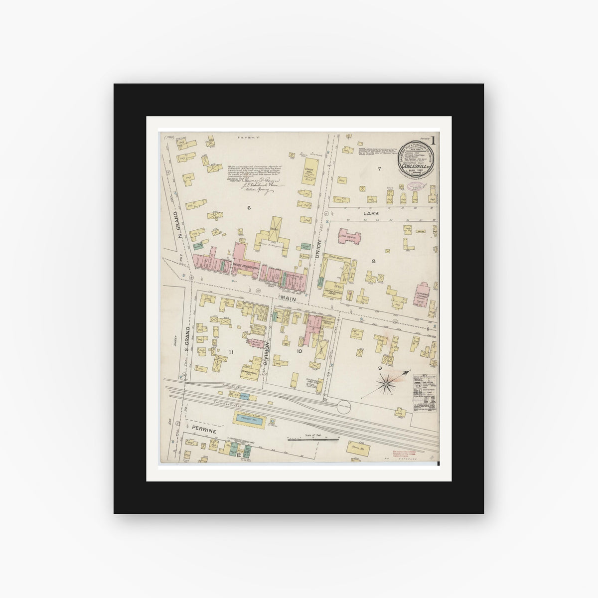 Old map wall art mockup — black gallery frame with white mat — Sanborn Fire Insurance Map from Cobleskill, Schoharie County, New York (1887) - Complete Map Set