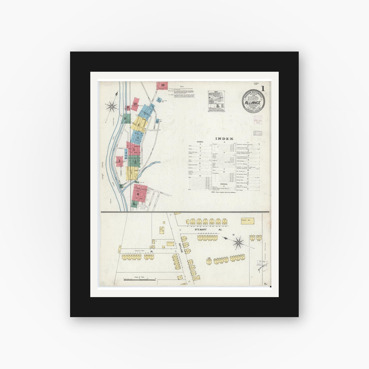 Old map wall art mockup — black gallery frame with white mat — Sanborn Fire Insurance Map from Alliance, Northampton County, Pennsylvania (1904), Sheet #0001