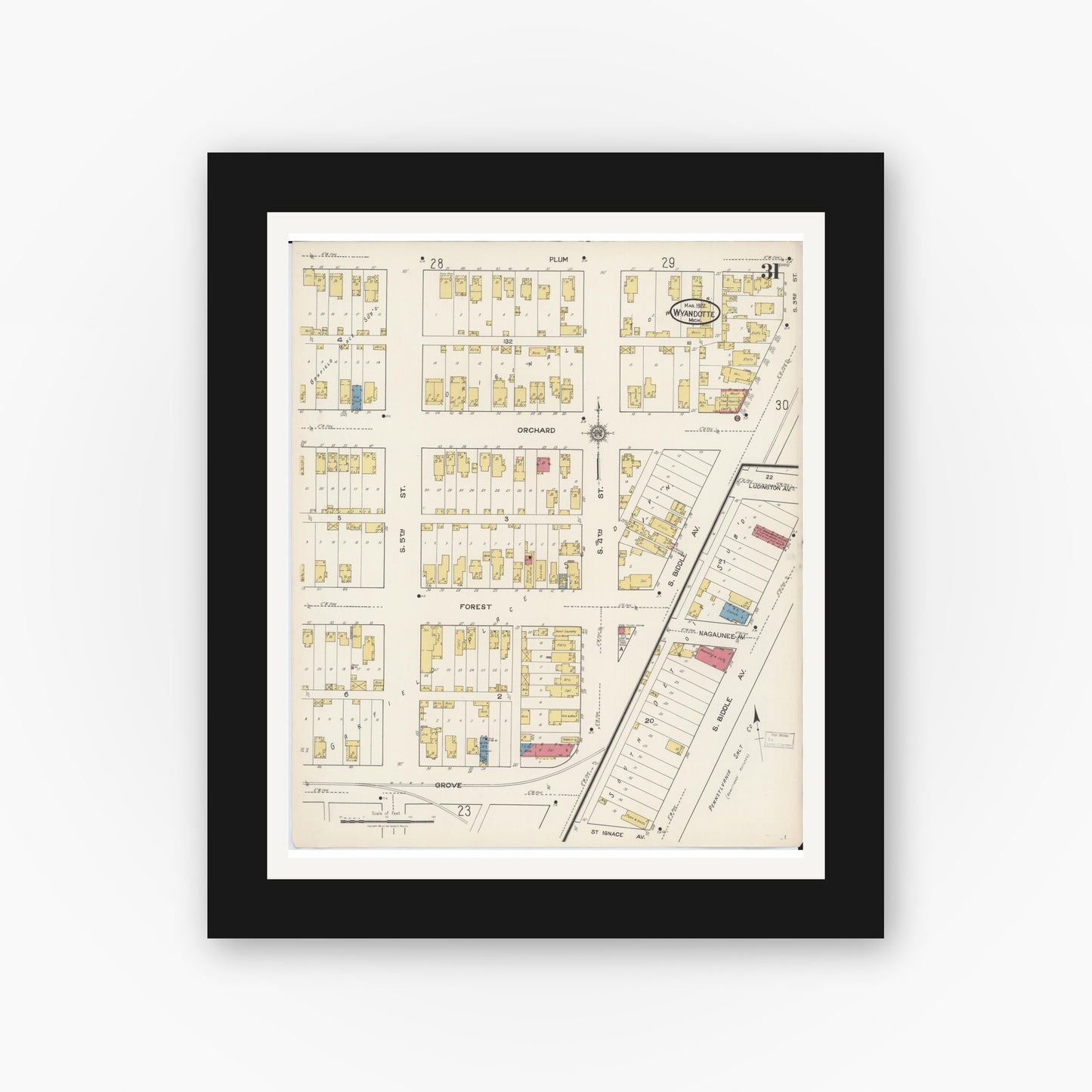 Old map wall art mockup — black gallery frame with white mat — Sanborn Fire Insurance Map from Wyandotte, Wayne County, Michigan (1922), Sheet #0031