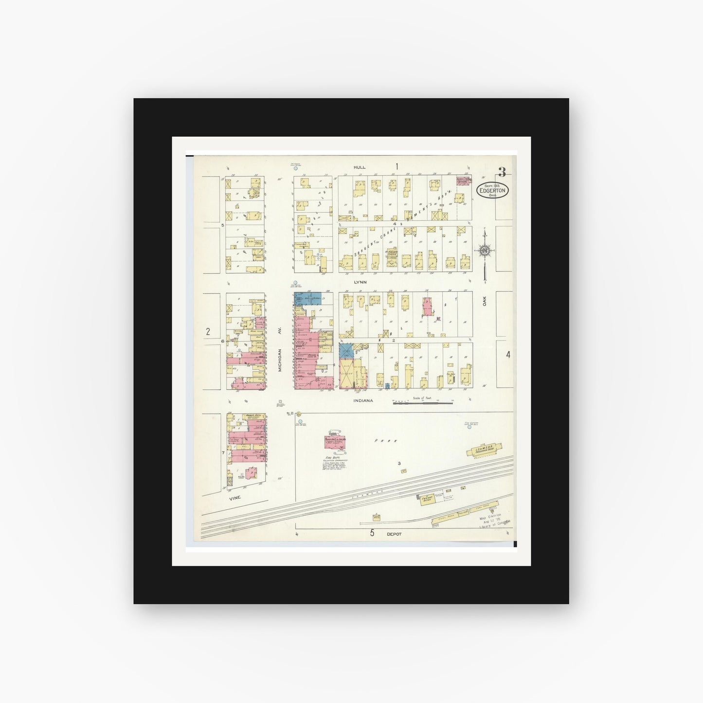 Old map wall art mockup — black gallery frame with white mat — Sanborn Fire Insurance Map from Edgerton, Williams County, Ohio (1913), Sheet #0003