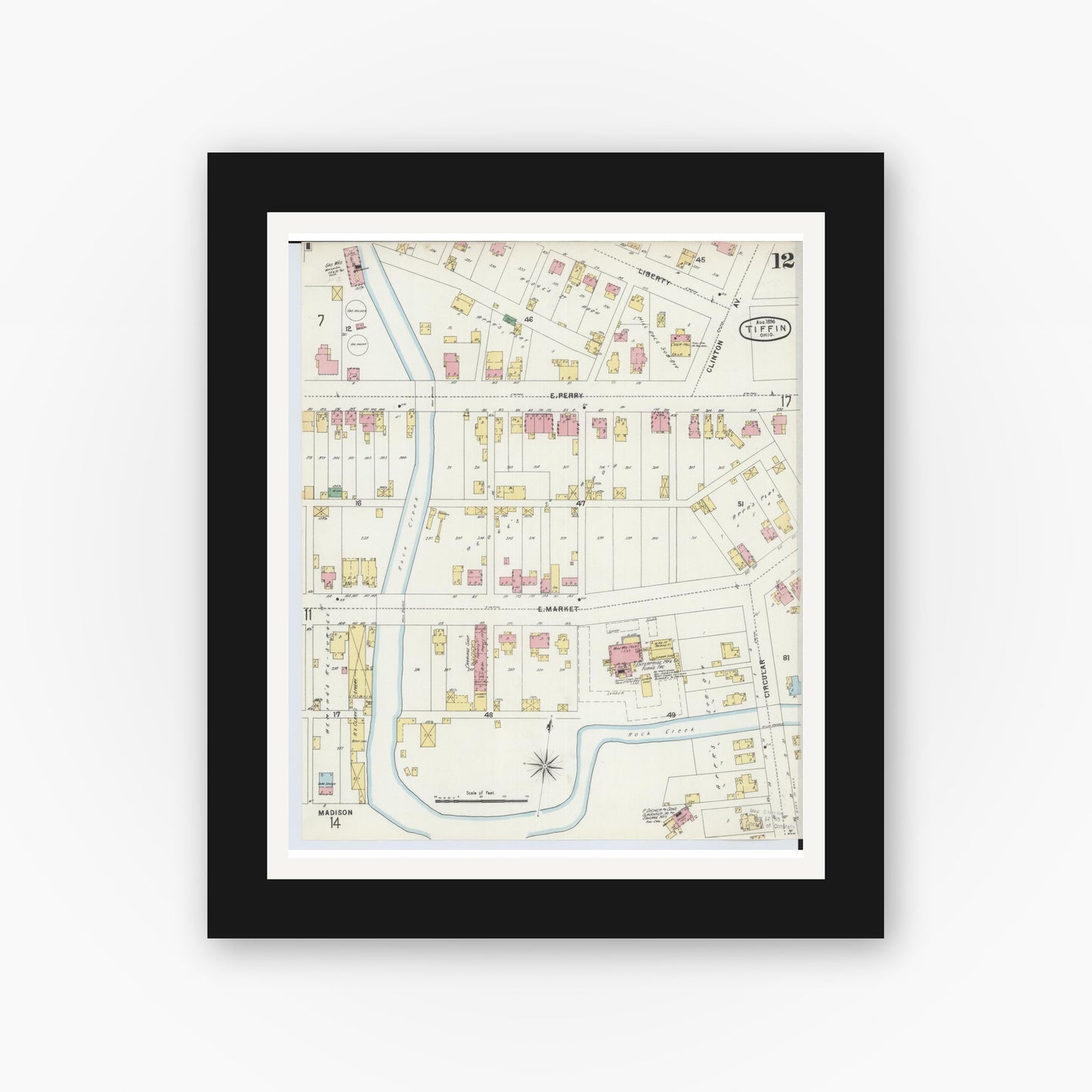Old map wall art mockup — black gallery frame with white mat — Sanborn Fire Insurance Map from Tiffin, Seneca County, Ohio (1896), Sheet #0012