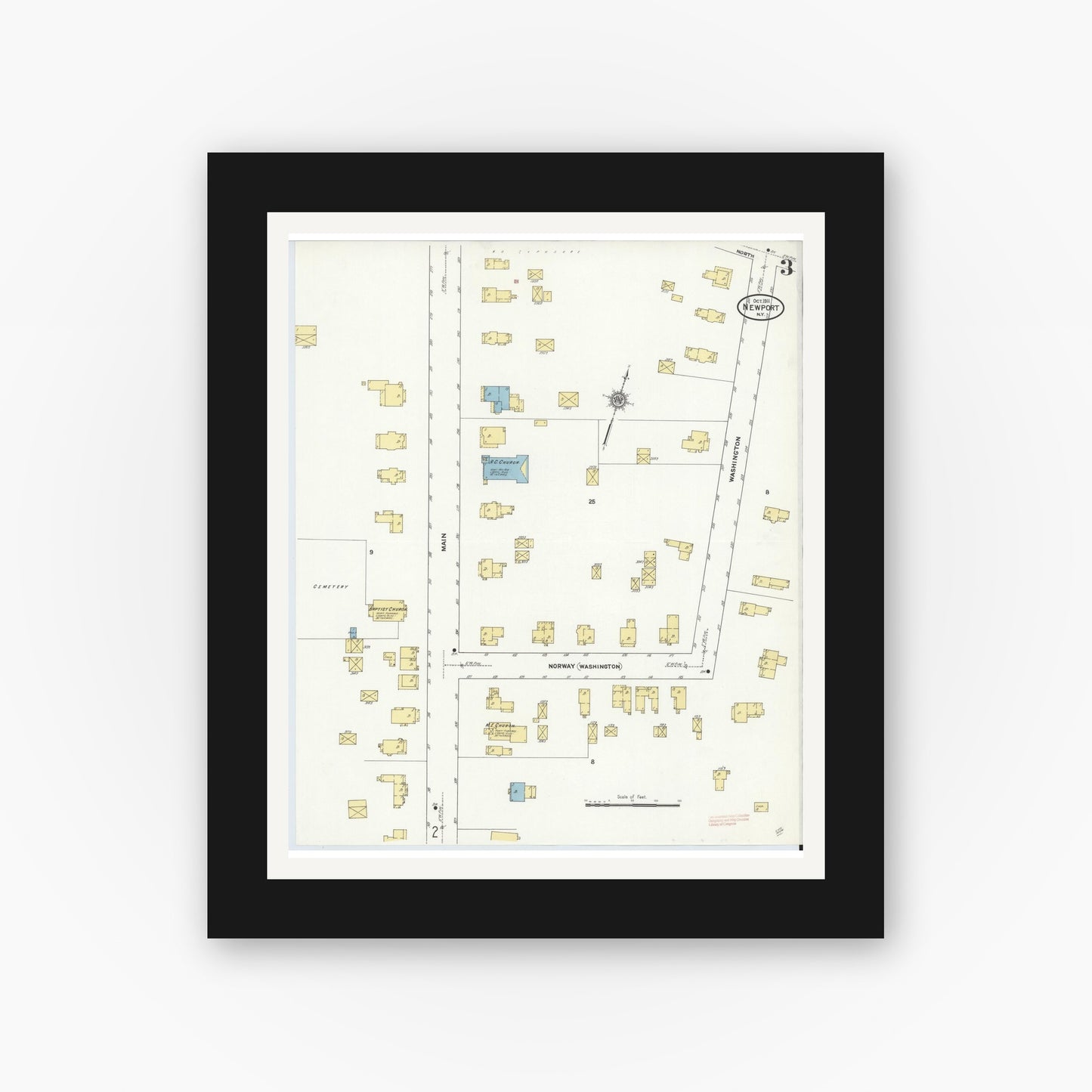 Old map wall art mockup — black gallery frame with white mat — Sanborn Fire Insurance Map from Newport, Herkimer County, New York (1911), Sheet #0003