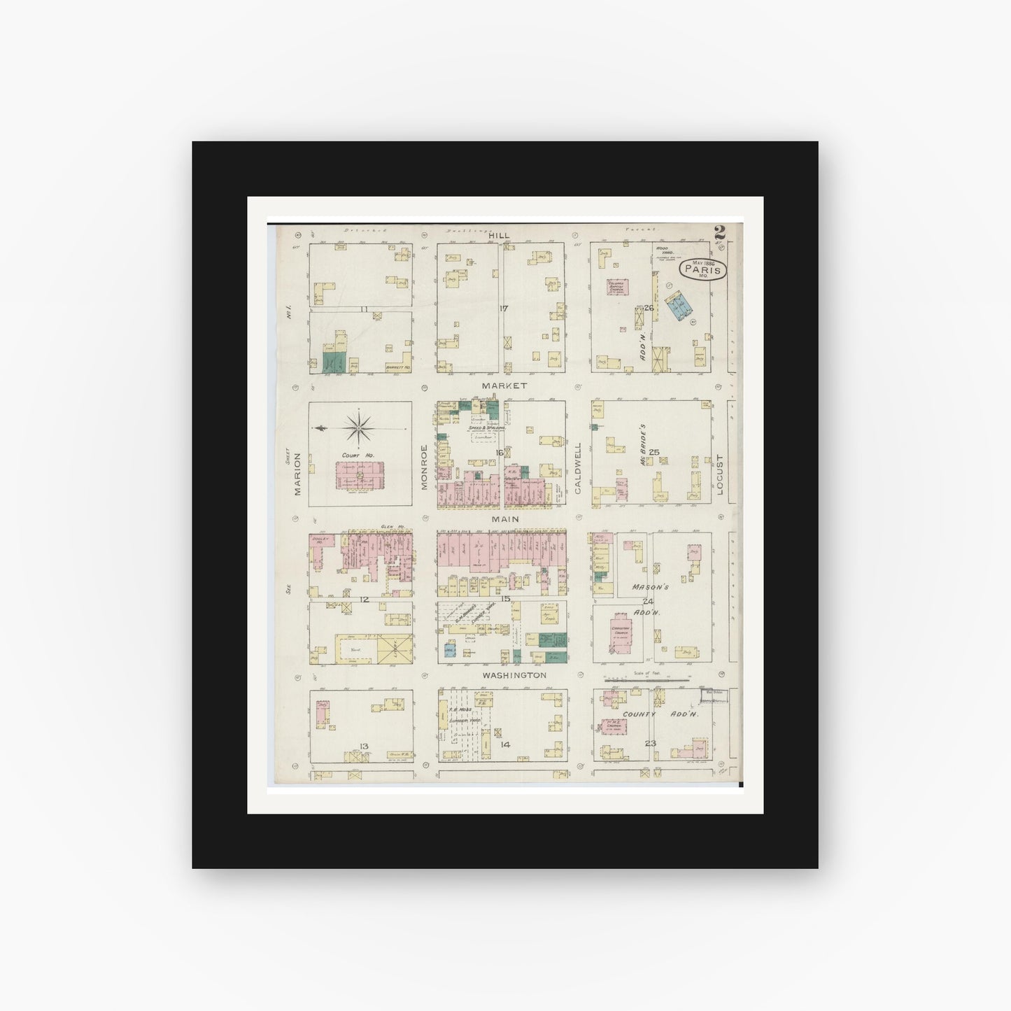 Old map wall art mockup — black gallery frame with white mat — Sanborn Fire Insurance Map from Paris, Monroe County, Missouri (1886), Sheet #0002