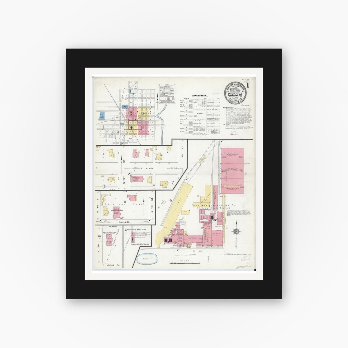 Old map wall art mockup — black gallery frame with white mat — Sanborn Fire Insurance Map from Vandalia, Fayette County, Illinois (1912) - Complete Map Set