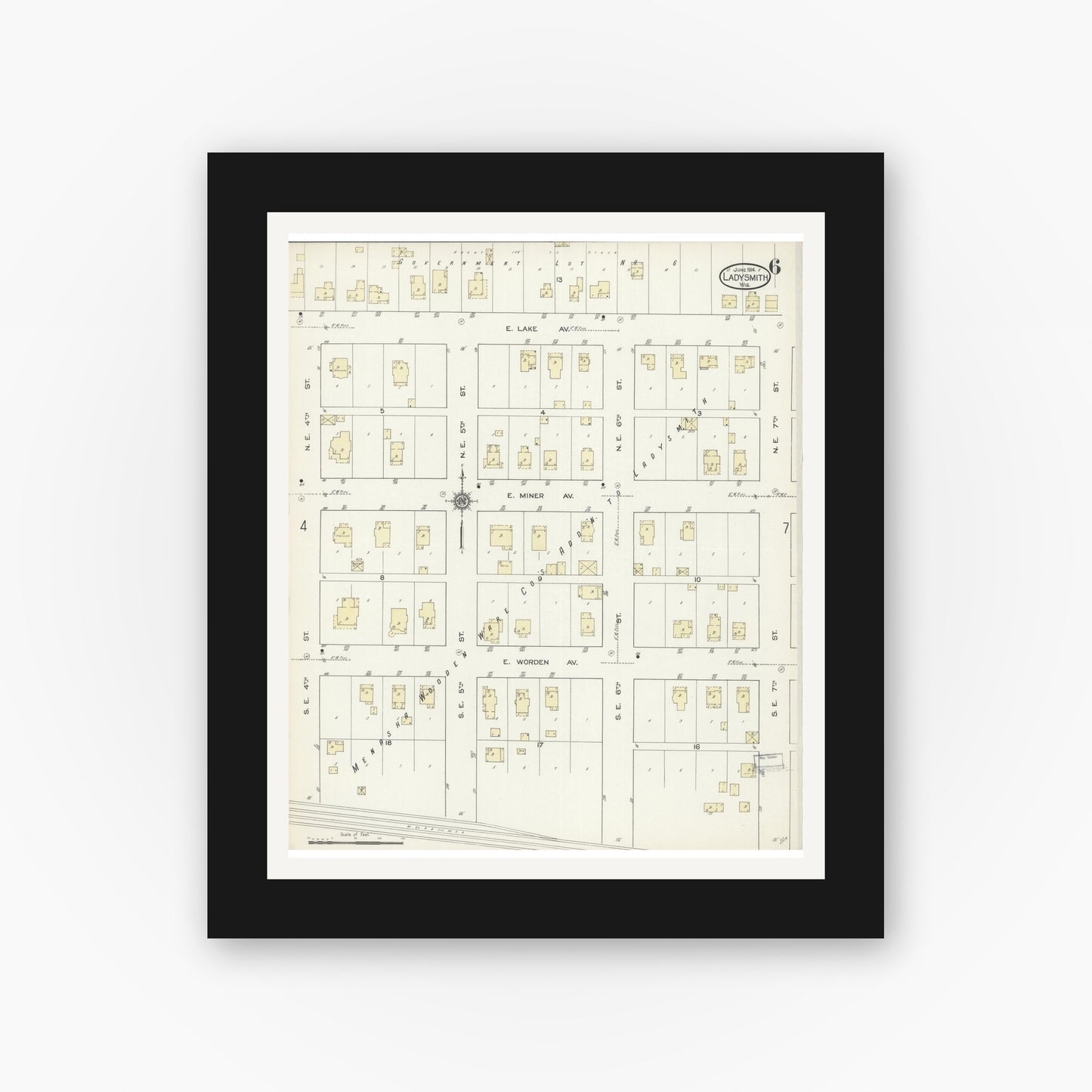 Old map wall art mockup — black gallery frame with white mat — Sanborn Fire Insurance Map from Ladysmith, Rusk County, Wisconsin (1914), Sheet #0006