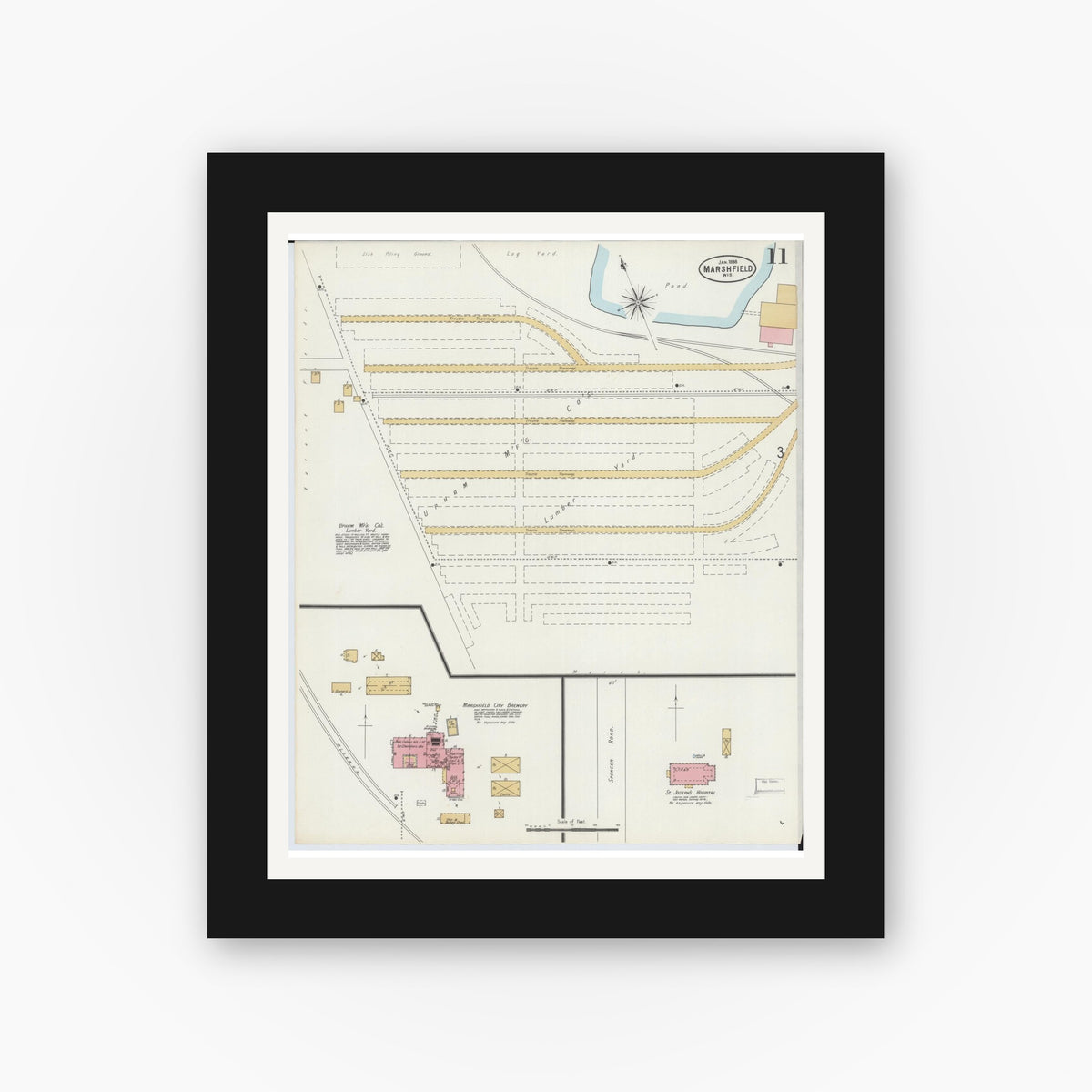 Old map wall art mockup — black gallery frame with white mat — Sanborn Fire Insurance Map from Marshfield, Wood County, Wisconsin (1898), Sheet #0011