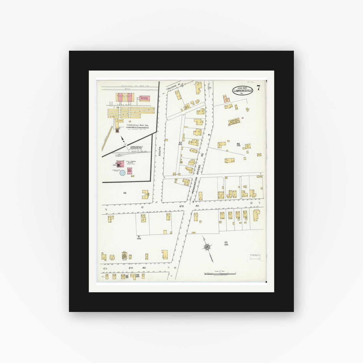 Old map wall art mockup — black gallery frame with white mat — Sanborn Fire Insurance Map from Lawrenceville, Brunswick County, Virginia (1920), Sheet #0007
