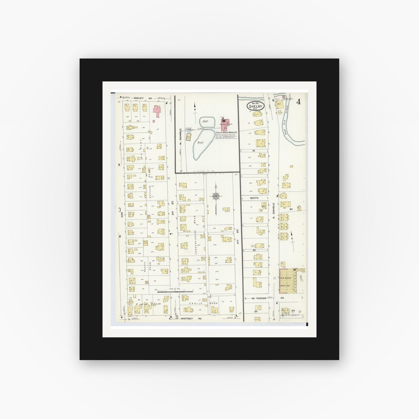 Old map wall art mockup — black gallery frame with white mat — Sanborn Fire Insurance Map from Shelby, Richland County, Ohio (1911), Sheet #0004