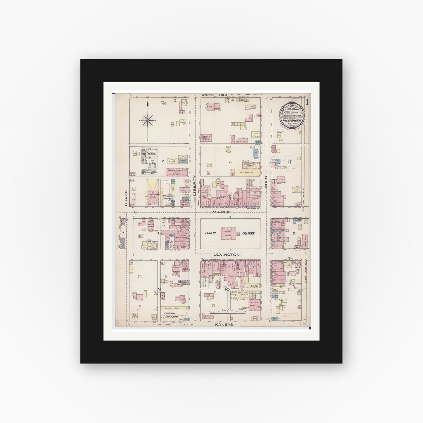 Old map wall art mockup — black gallery frame with white mat — Sanborn Fire Insurance Map from Independence, Jackson County, Missouri (1885) - Complete Map Set