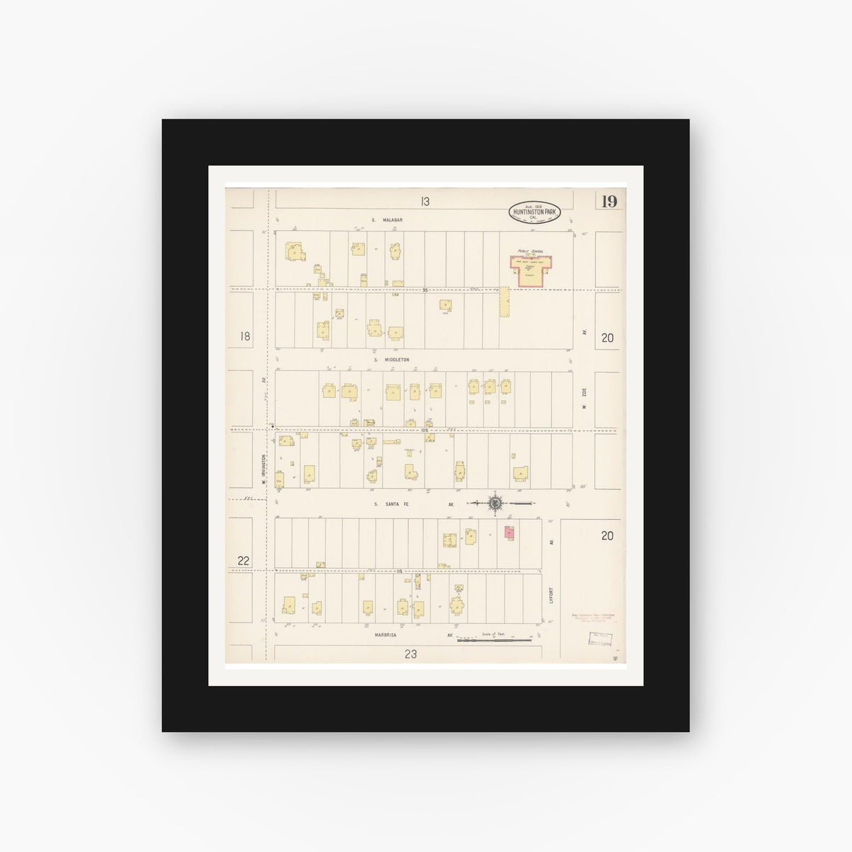 Old map wall art mockup — black gallery frame with white mat — Sanborn Fire Insurance Map from Huntington Park, Los Angeles County, California (1916), Sheet #0019