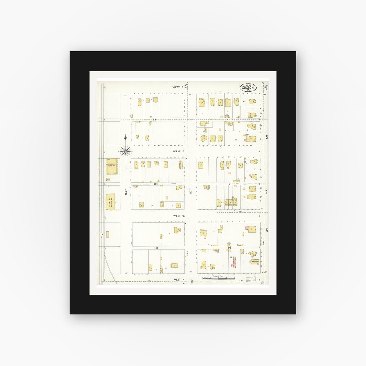 Old map wall art mockup — black gallery frame with white mat — Sanborn Fire Insurance Map from Colton, San Bernardino County, California (1907), Sheet #0004