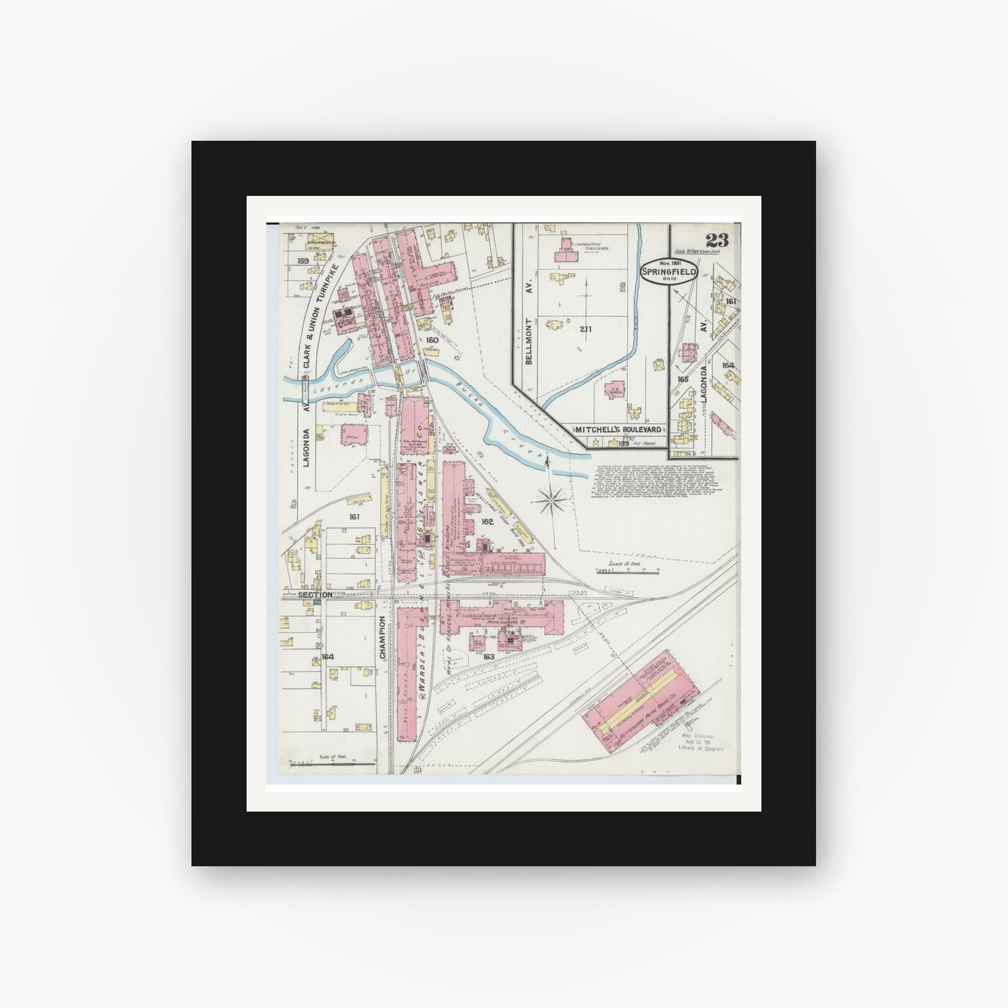 Old map wall art mockup — black gallery frame with white mat — Sanborn Fire Insurance Map from Springfield, Clark County, Ohio (1891), Sheet #0023