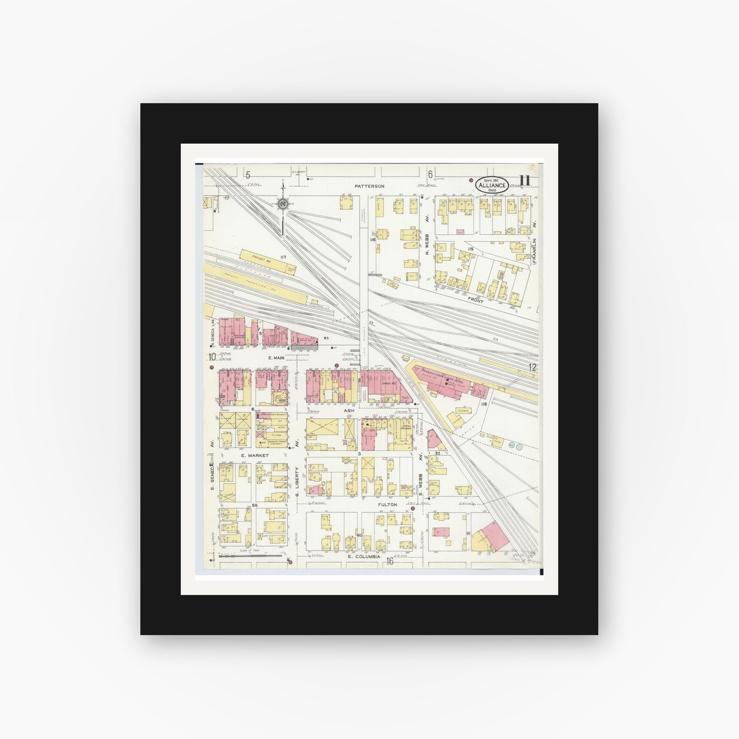 Old map wall art mockup — black gallery frame with white mat — Sanborn Fire Insurance Map from Alliance, Stark County, Ohio (1911), Sheet #0011