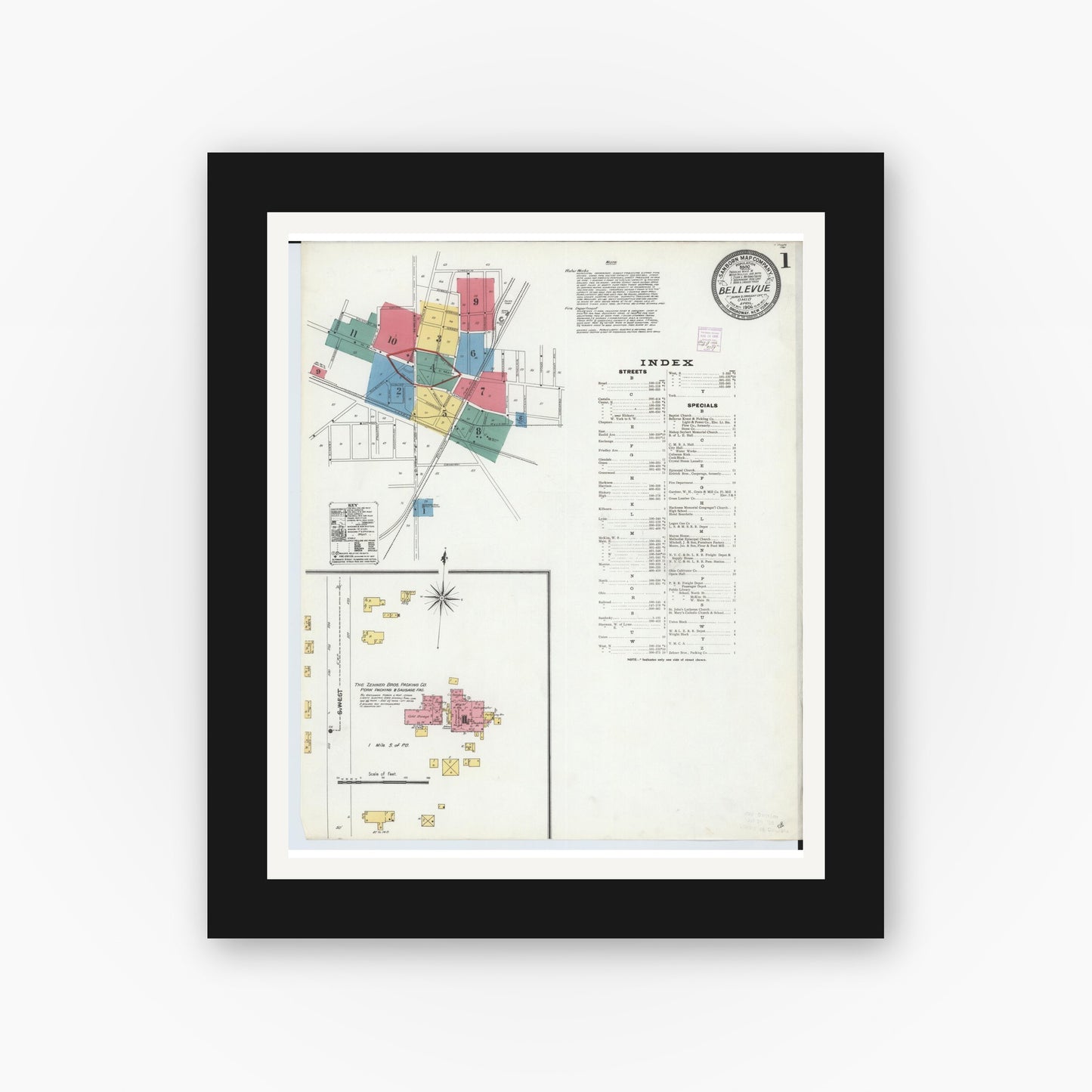 Old map wall art mockup — black gallery frame with white mat — Sanborn Fire Insurance Map from Bellevue, Huron And Sandusky County, Ohio (1906), Sheet #0001