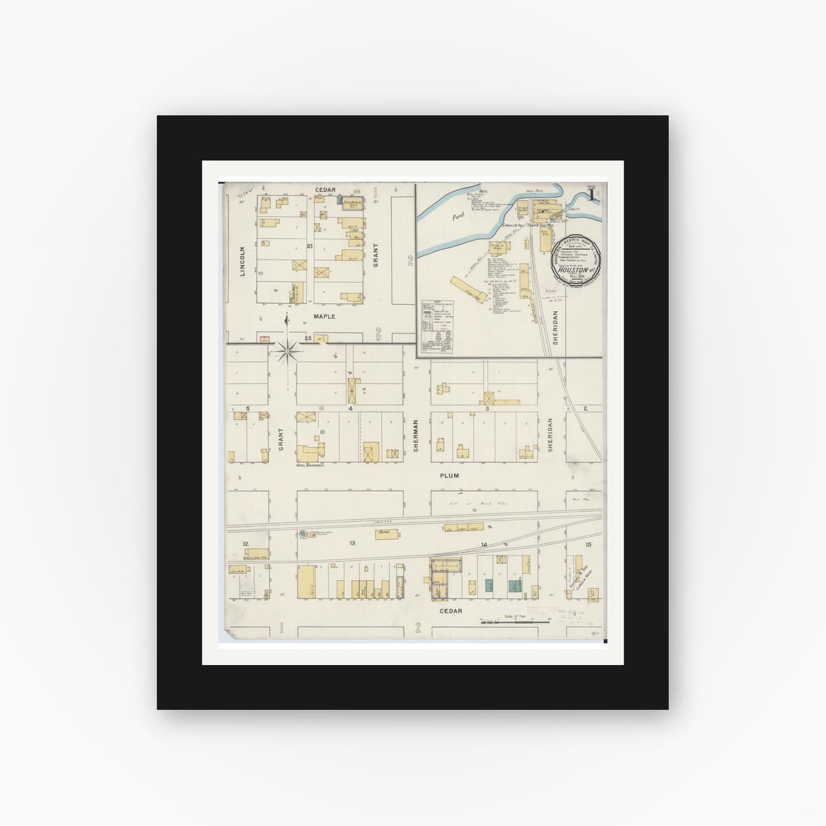 Old map wall art mockup — black gallery frame with white mat — Sanborn Fire Insurance Map from Houston, Houston County, Minnesota (1894) - Complete Map Set