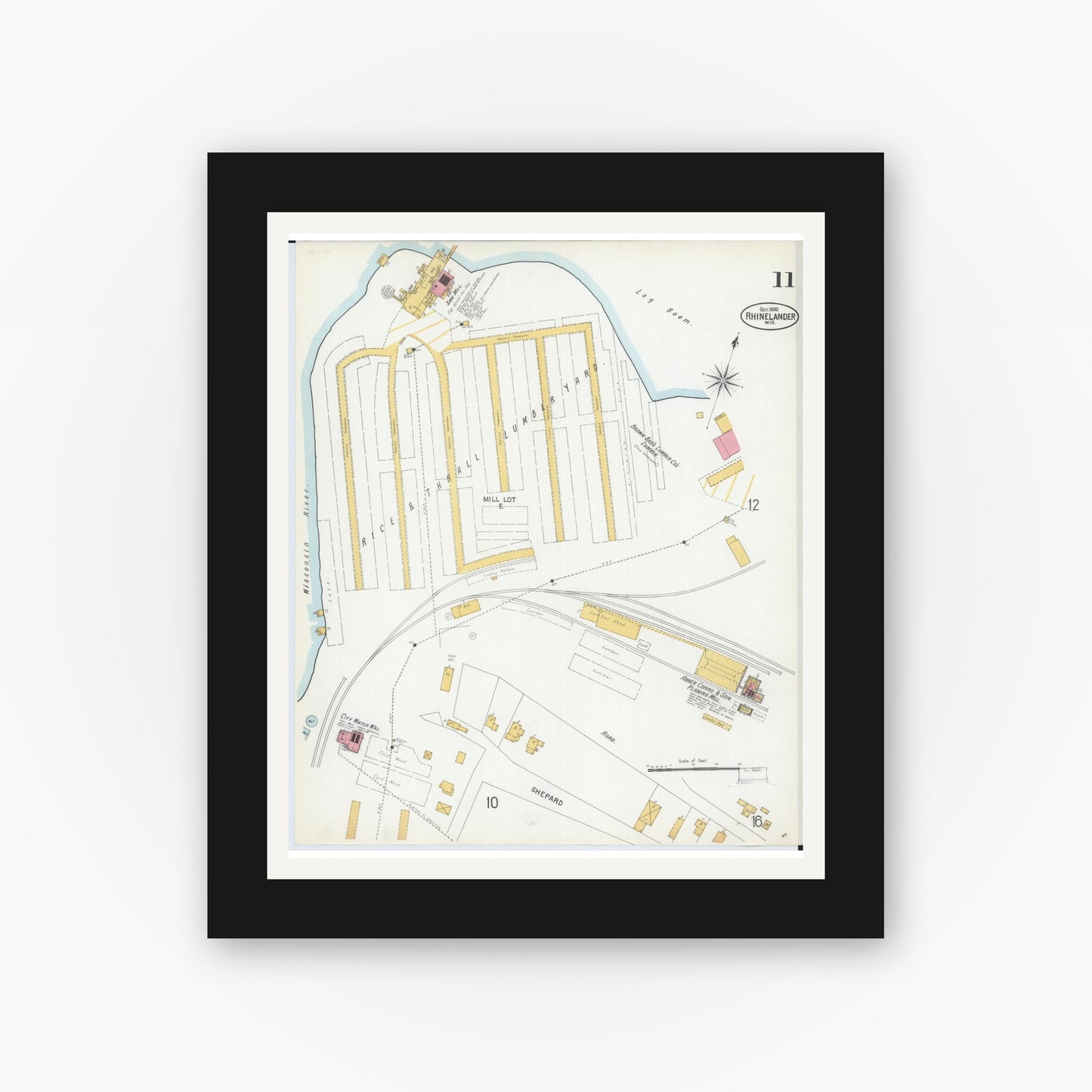 Old map wall art mockup — black gallery frame with white mat — Sanborn Fire Insurance Map from Rhinelander, Oneida County, Wisconsin (1900), Sheet #0011