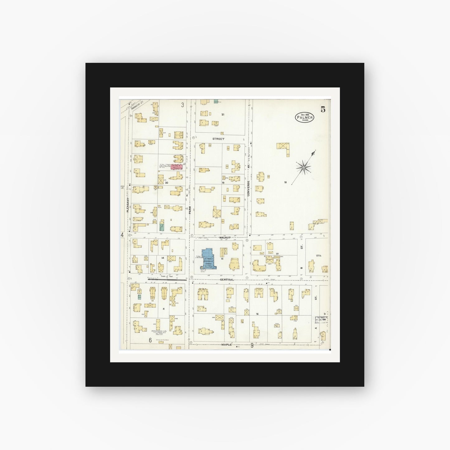 Old map wall art mockup — black gallery frame with white mat — Sanborn Fire Insurance Map from Palmer, Hampden County, Massachusetts (1906), Sheet #0005