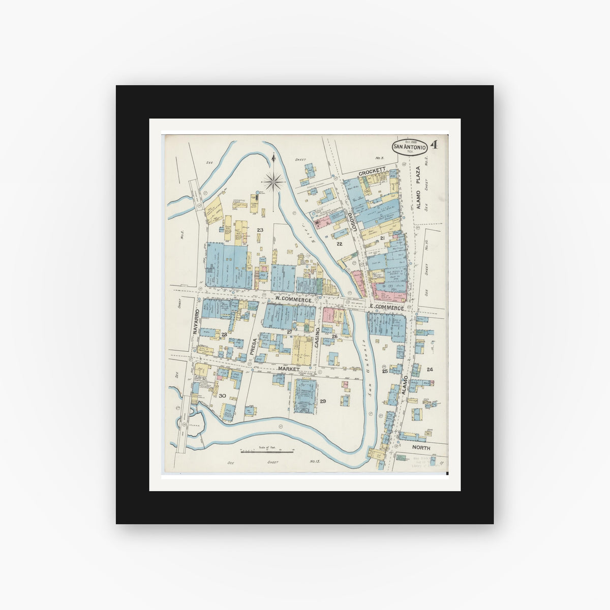 Old map wall art mockup — black gallery frame with white mat — Sanborn Fire Insurance Map from San Antonio, Bexar County, Texas (1888), Sheet #0004