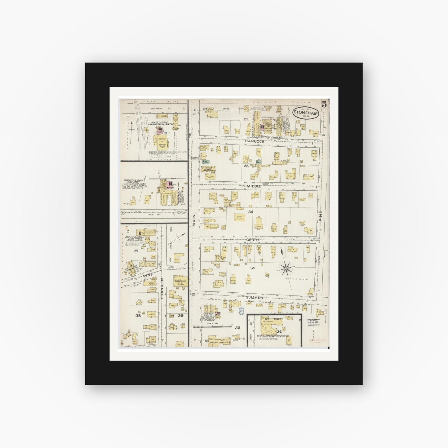 Old map wall art mockup — black gallery frame with white mat — Sanborn Fire Insurance Map from Stoneham, Middlesex County, Massachusetts (1887), Sheet #0005
